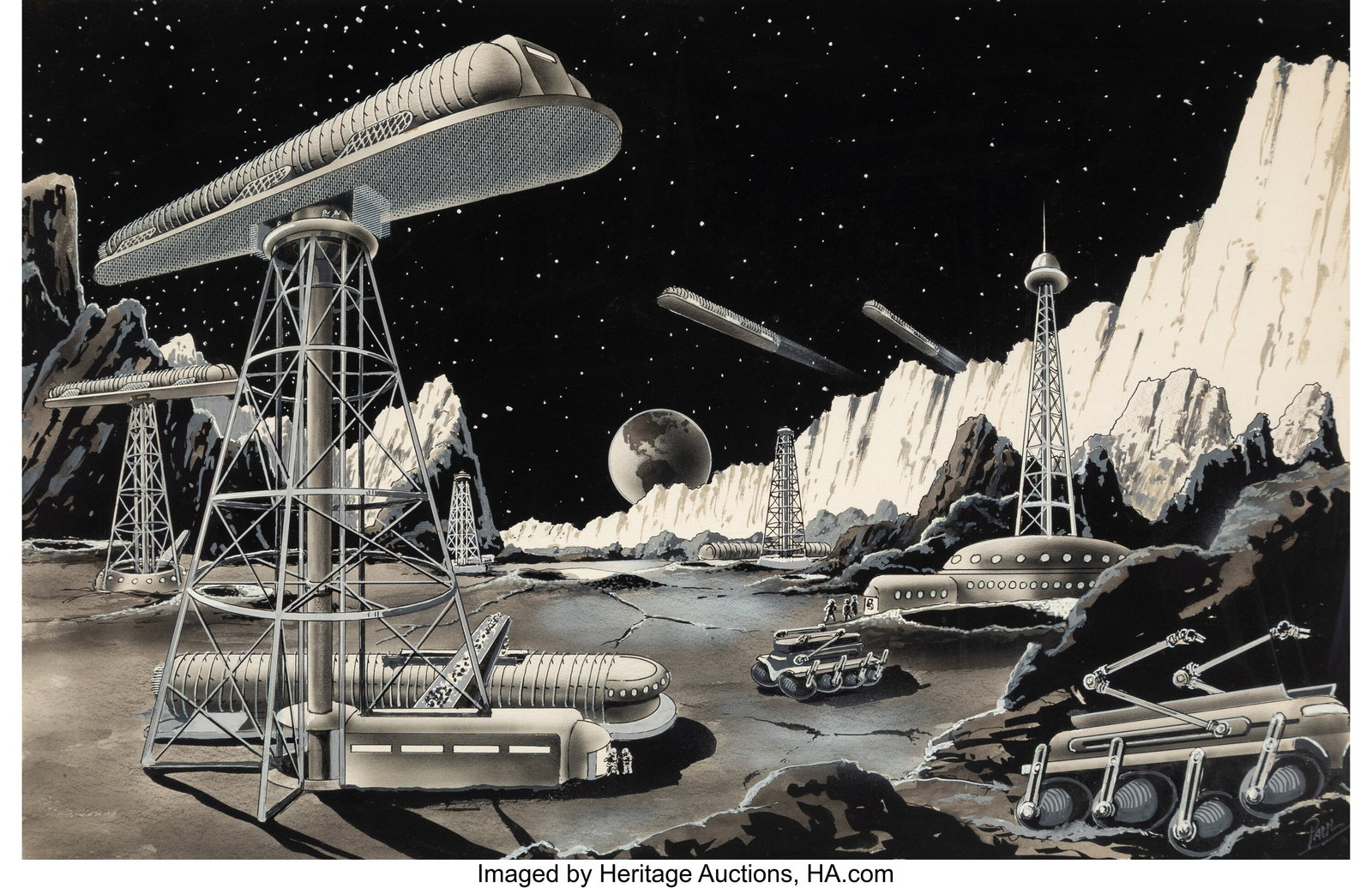 Frank R. Paul (American, 1884-1963) Moonbase, Fo: Frank R. Paul (American, 1884-1963) Moonbase, Forecast magazine interior, 1954 Ink and watercolor on board 13-1/2 x 18-1/2 inches (34.3 x 47&peri
