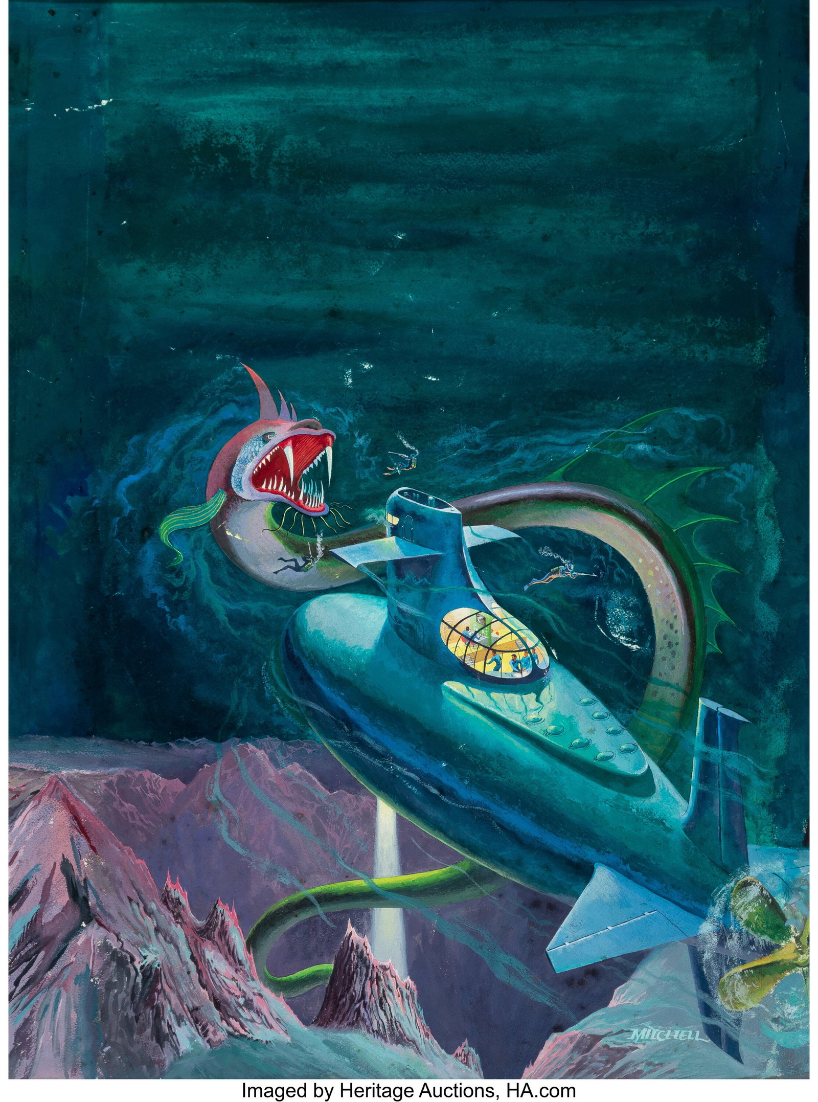 Jim Mitchell (American, b. 1949) Voyage to the B: Jim Mitchell (American, b. 1949) Voyage to the Bottom of the Sea paperback cover, 1961 Gouache on board 30 x 22 inches (76.2 x 55.9 cm) Signed lowe