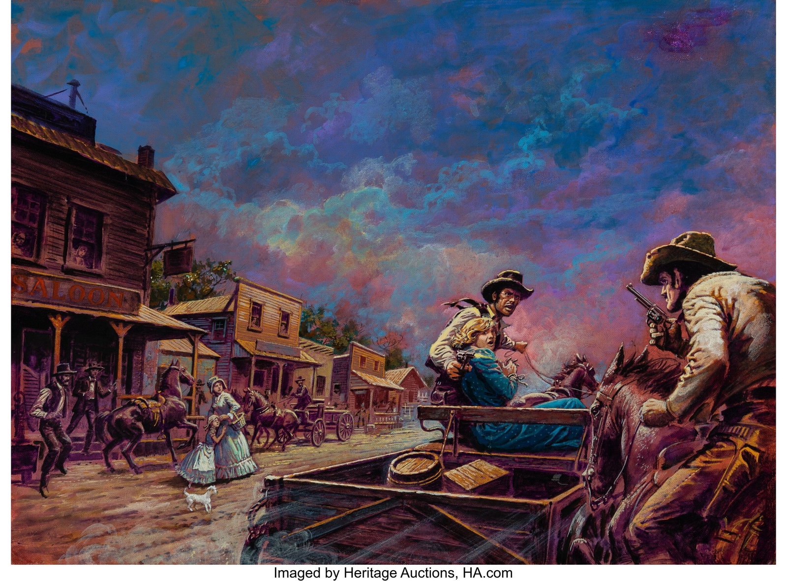 Luis Dominguez (Argentinian/American, 1923-2020): Luis Dominguez (Argentinian/American, 1923-2020) Jim Steel: Die of Gold #2 paperback cover, 1973 Acrylic on canvas board 18 x 24 inches (45.7 x 61&perio