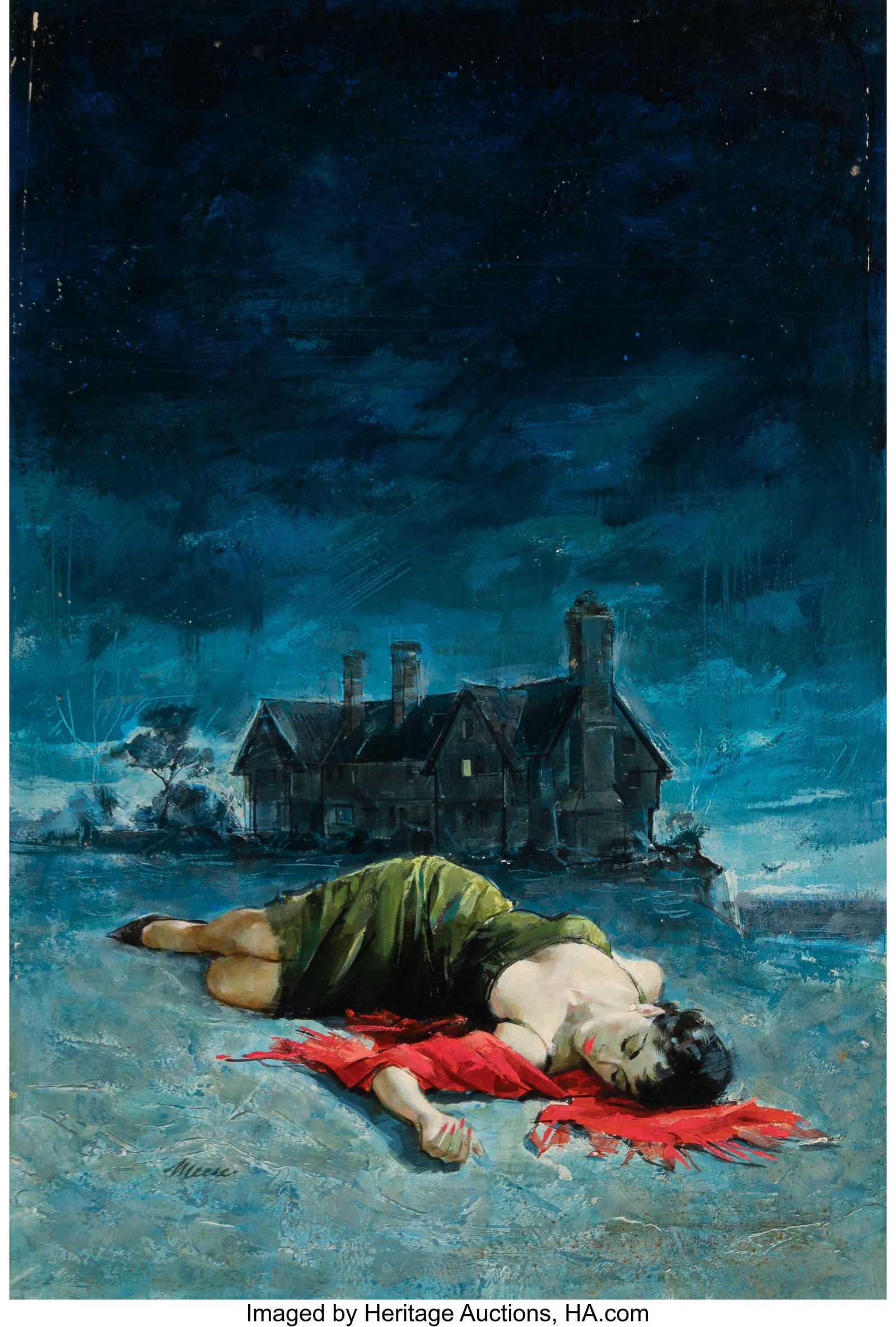 James Alfred Meese (American, 1917-1971) Peril a: James Alfred Meese (American, 1917-1971) Peril at End House paperback cover, 1959 Oil on board 26-1/2 x 20 inches (67.3 x 50.8 cm) Signed lower left&c