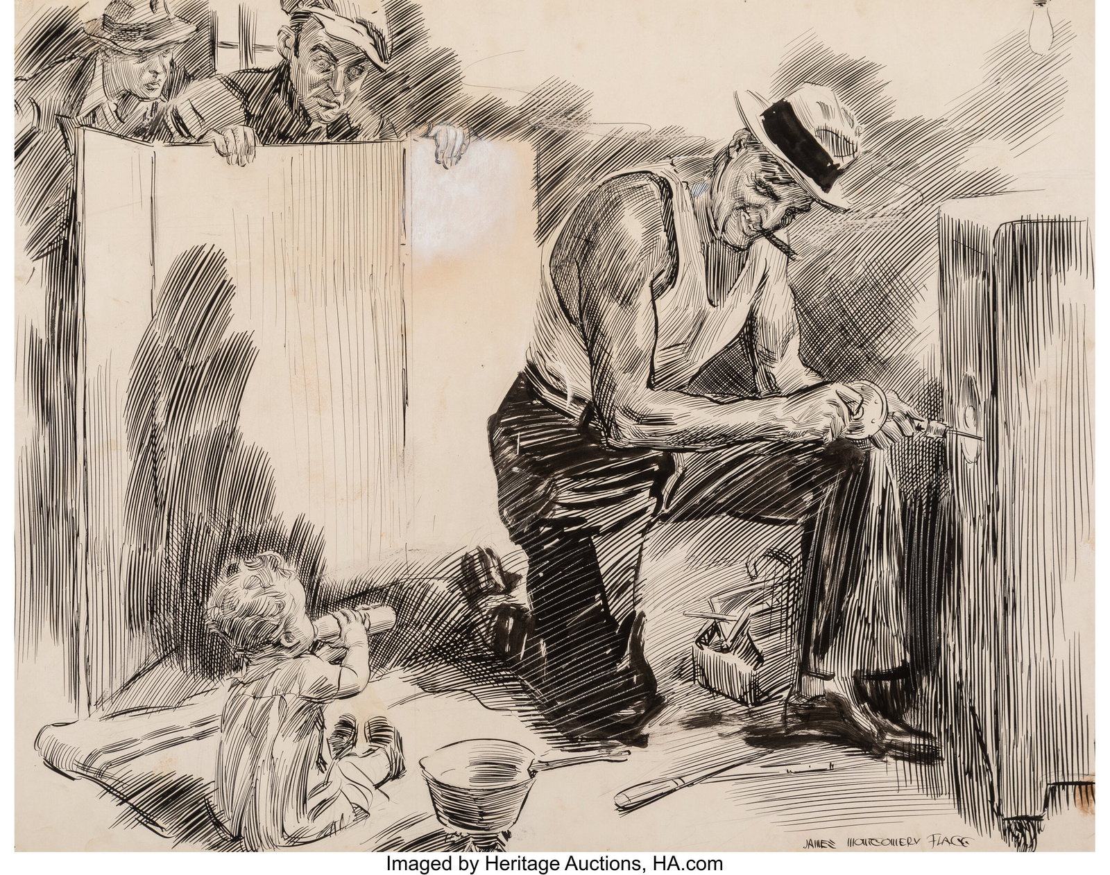 James Montgomery Flagg (American, 1877-1960) But: James Montgomery Flagg (American, 1877-1960) Butch Minds the Baby, Collier's magazine interior, September 13, 1930 Ink on paper 23 x 29 inches (58.4 x 73&