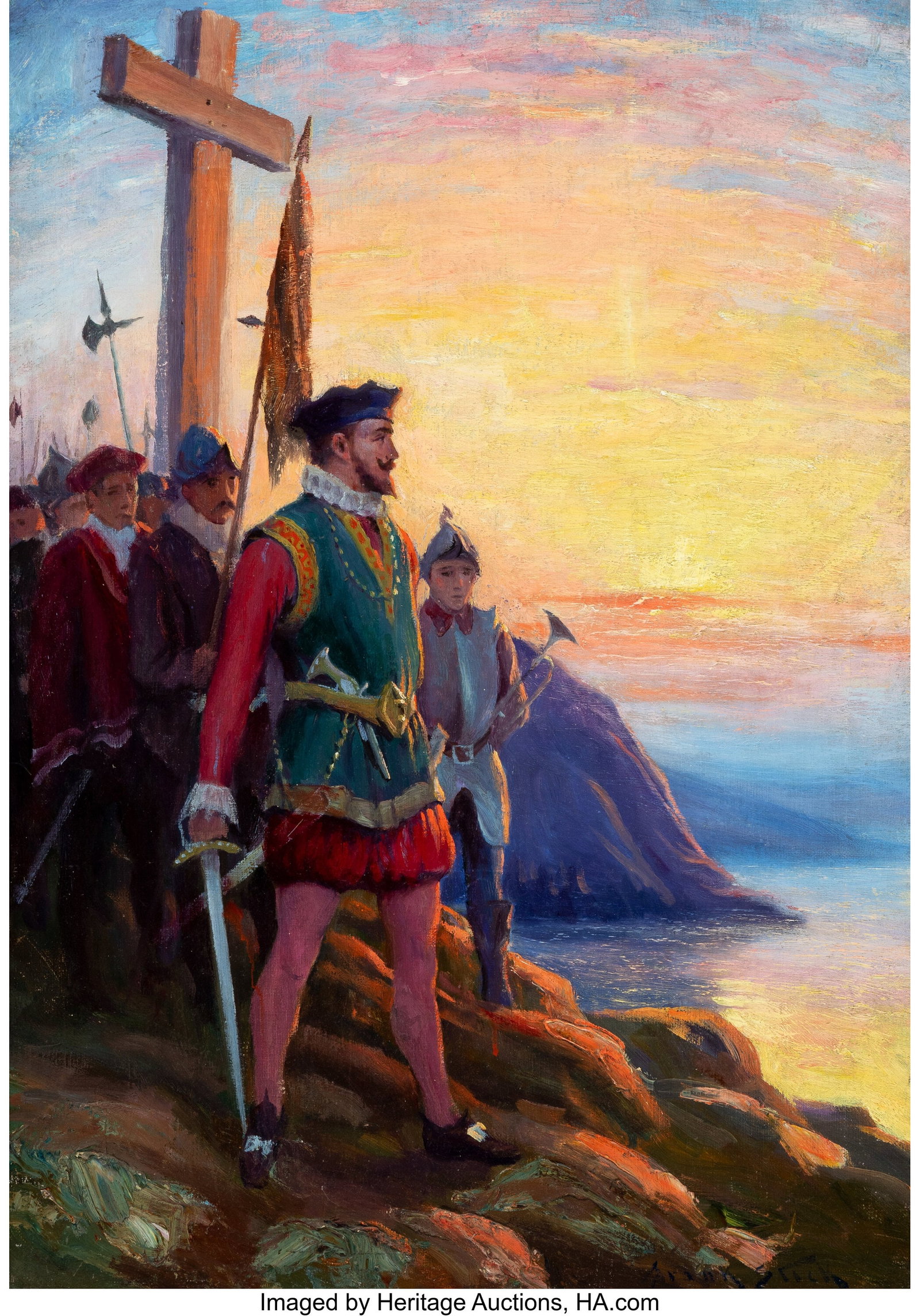 Frank Stick (American, 1884-1966) Spanish Explor: Frank Stick (American, 1884-1966) Spanish Explorers by the Sea Oil on canvas 28 x 20 inches (71.1 x 50.8 cm) Signed lower right: Frank Stick HID0310106202