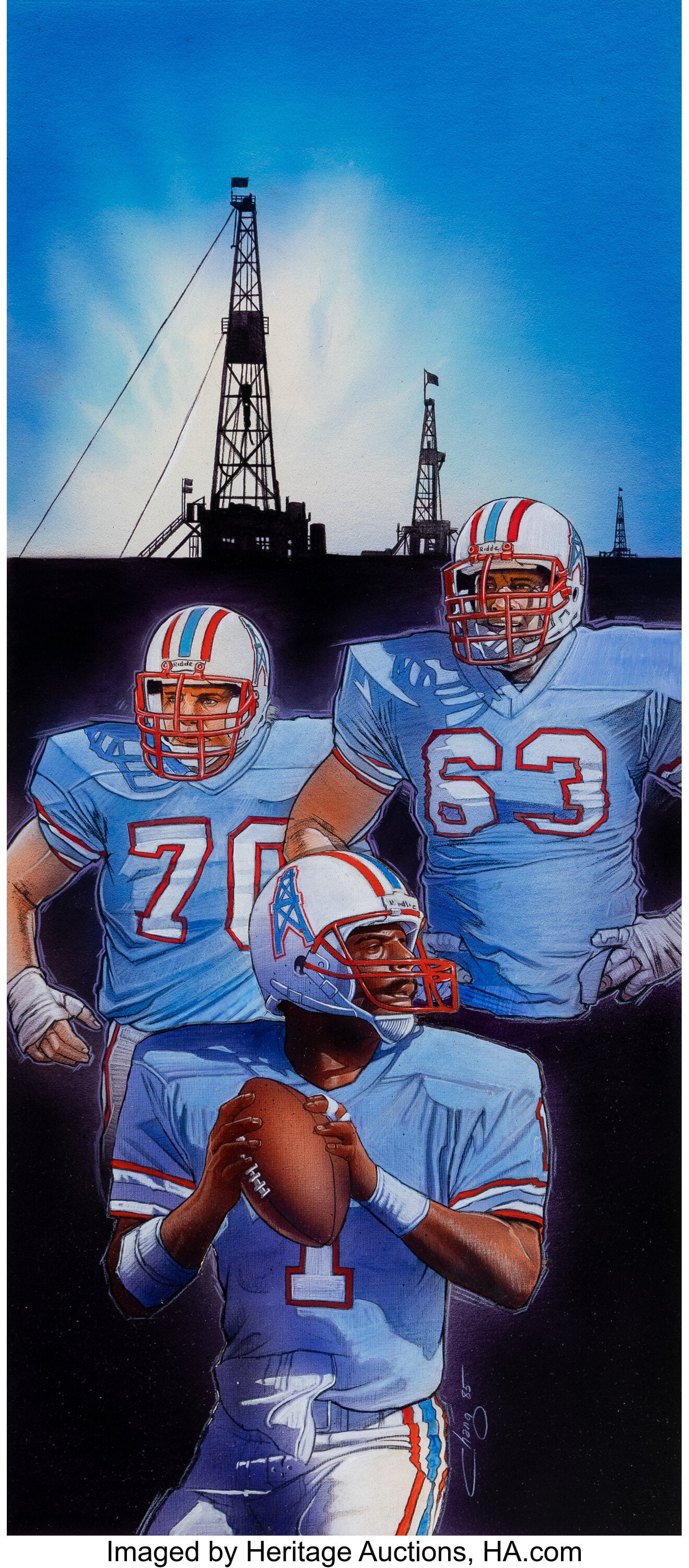 Warren Chang (American, b. 1957) Houston Oilers: Warren Chang (American, b. 1957) Houston Oilers media guide cover, 1985 Acrylic and colored pencil on board with element of collage 30 x 15 inches (76.2 x 38&p