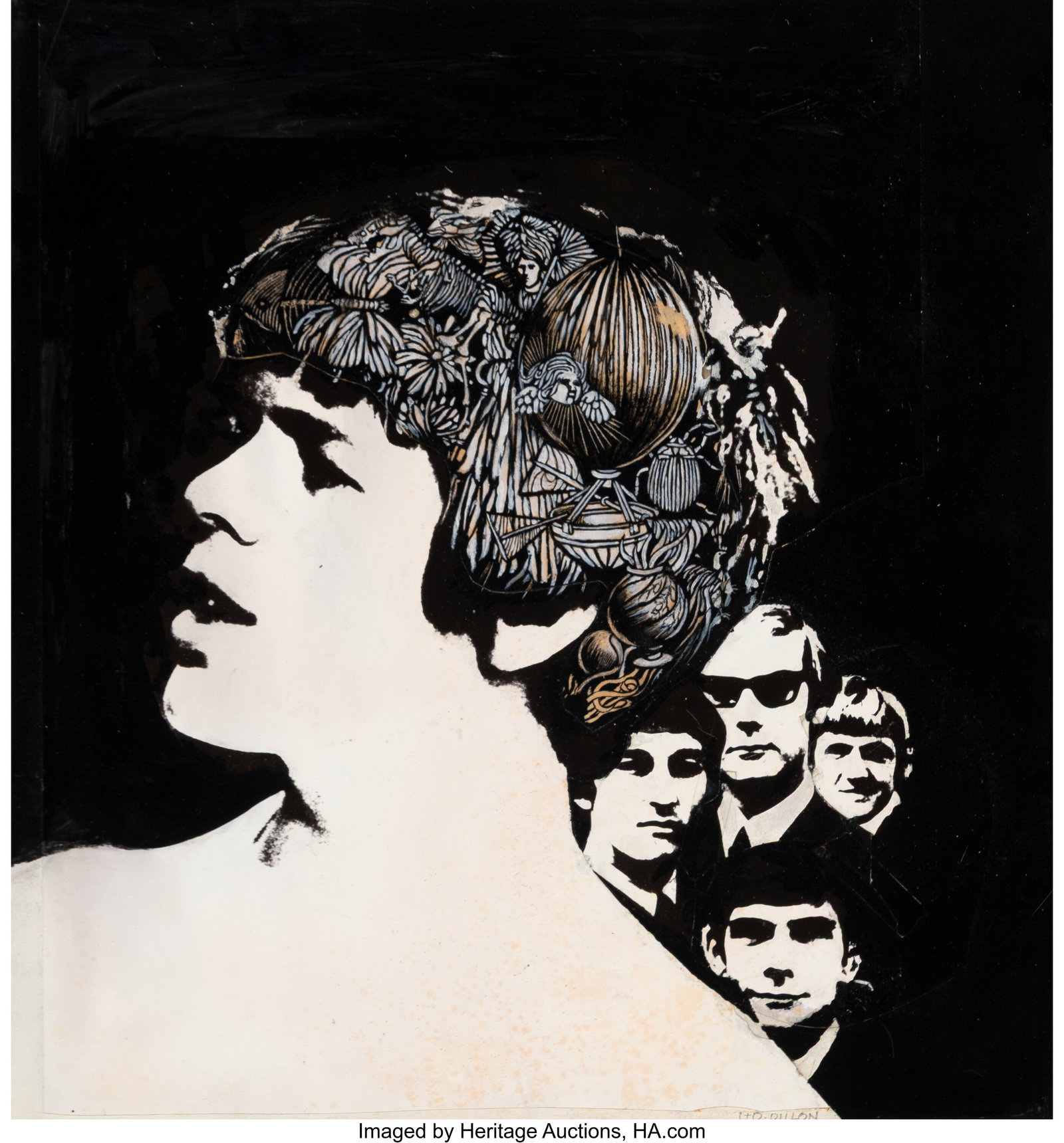 Leo and Diane Dillon (American, 20th Century) He: Leo and Diane Dillon (American, 20th Century) Herman's Hermits, 1967 Mixed media collage on board 15-1/4 x 14 inches (38.7 x 35.6 cm) Signed lower rig