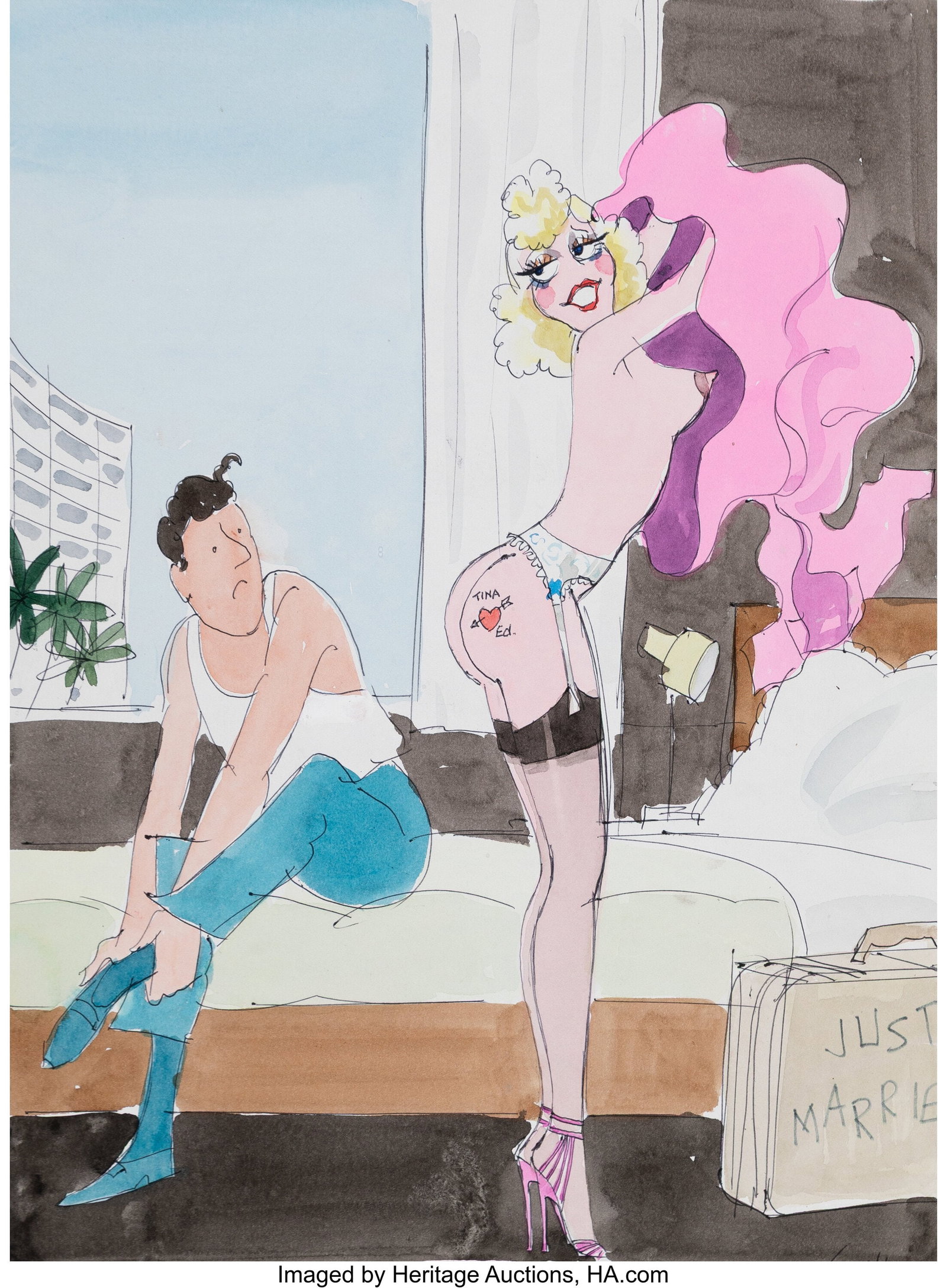 Francis Wilford Smith (Smilby) (British, 1927-20: Francis Wilford Smith (Smilby) (British, 1927-2009) For your Manfred, German Playboy cartoon study, 1982 Watercolor and ink on paper 15 x 11 inches (38&perio