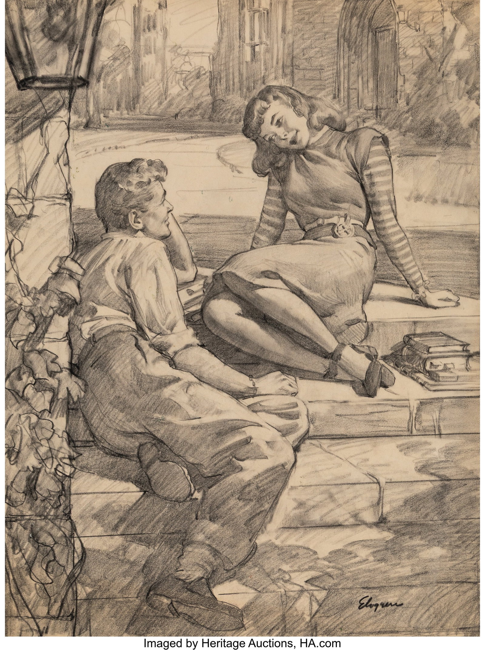 Gil Elvgren (American, 1914-1980) A Lover and Hi: Gil Elvgren (American, 1914-1980) A Lover and His Lass, Woman's Home Companion interior study, May 1948 Charcoal on tracing paper 23-3/4 x 17-1/2 inches (60&pe