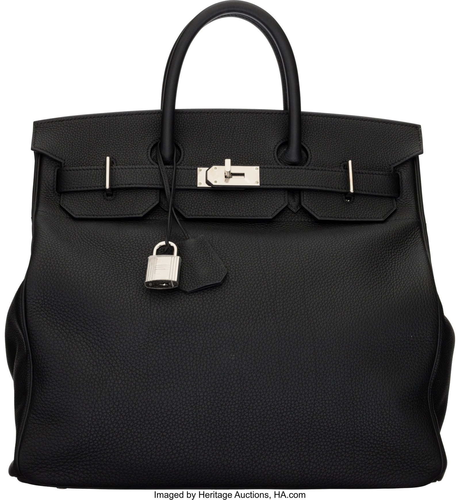 Hermès 40cm Black Clemence Leather HAC Birkin B: Hermès 40cm Black Clemence Leather HAC Birkin Bag with Palladium Hardware T, 2015 Condition: 2 15.75" Width x 14" Height x 9.5" Depth This bag is done in Black Clemenc