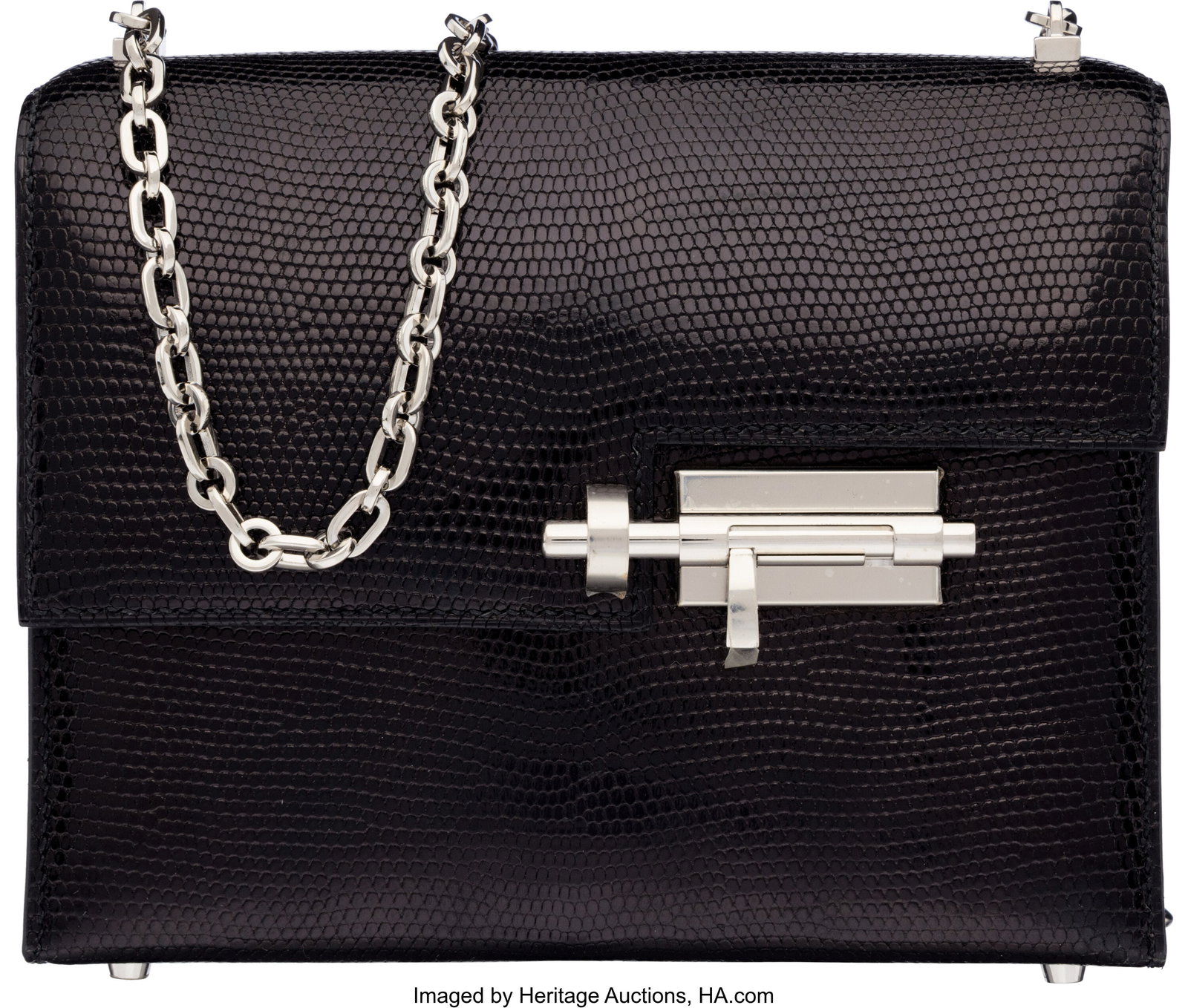 Hermès Black Niloticus Lizard Mini Verrou Chain: Hermès Black Niloticus Lizard Mini Verrou Chaine Bag with Palladium Hardware U, 2022 Condition: 1 7" Width x 5.5" Height x 2" Depth This bag is done in Black Niloticus Lizard
