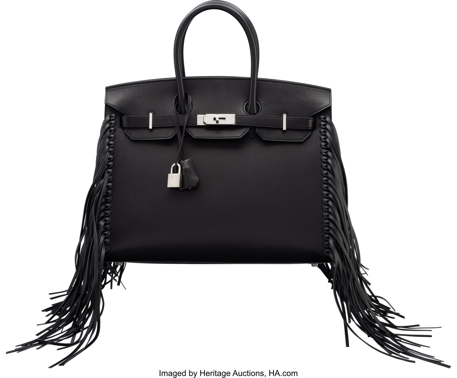 Hermès Limited Edition 35cm Black Evergrain Lea: Hermès Limited Edition 35cm Black Evergrain Leather Anate Fringe Birkin Sellier with Palladium Hardware W, 2024 Condition: 2 14" Width x 10" Height x 7" Depth This bag is done in Bl