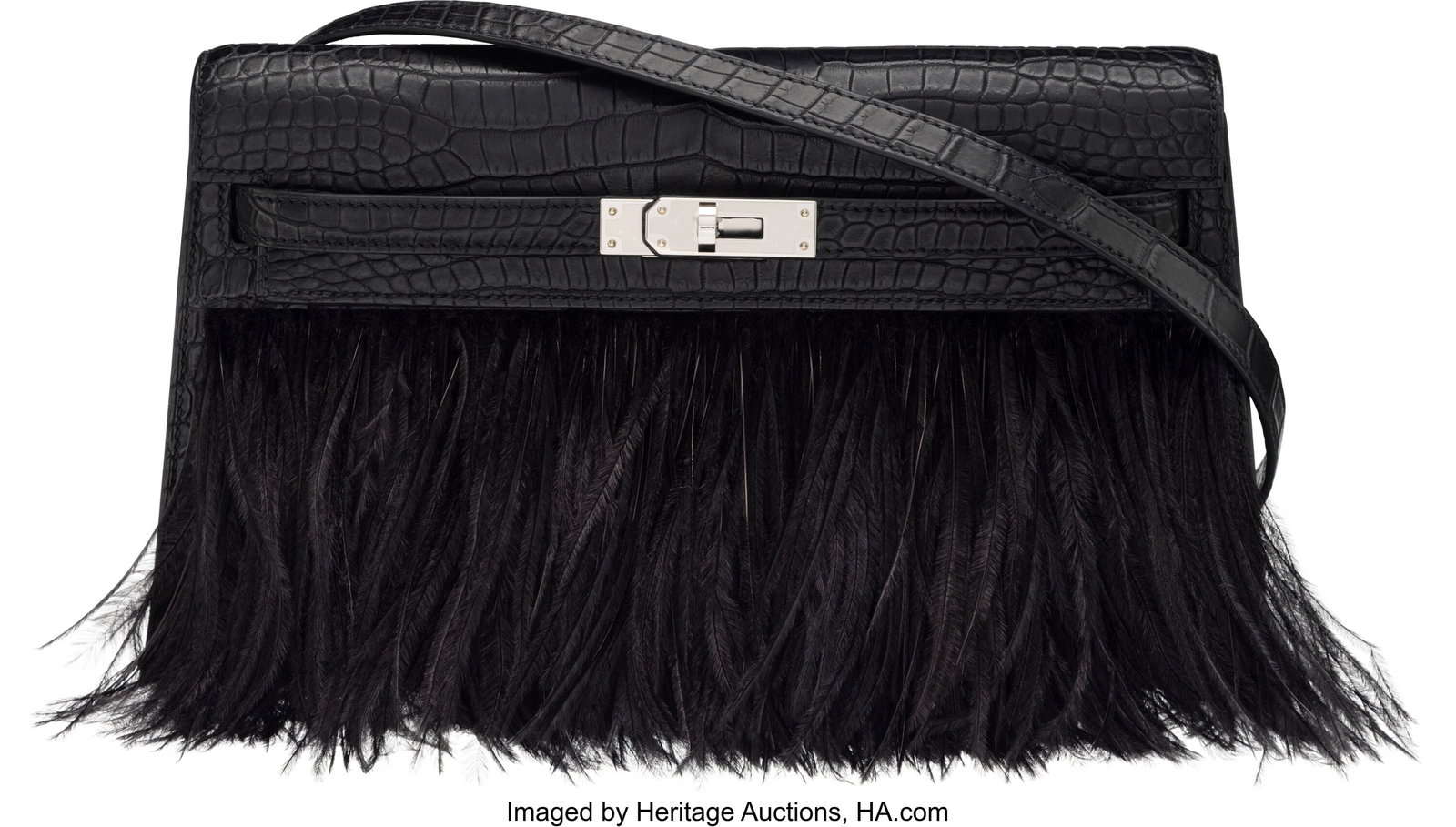 Hermès Matte Black Porosus Crocodile & Ostrich: Hermès Matte Black Porosus Crocodile & Ostrich Feather Folie Kelly Elan with Palladium Hardware K, 2025 Condition: 1 11" Width x 6" Height x 1.5" Depth This bag is done i