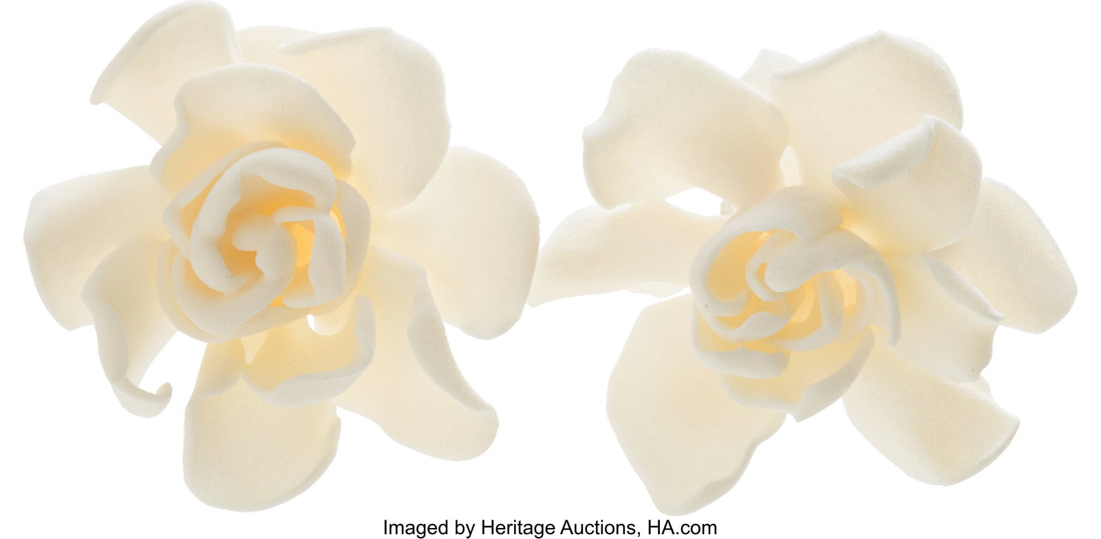 JAR Resin, Gold Earrings, French Element: Resin: JAR Resin, Gold Earrings, French Element: Resin Metal: 18k rose gold Marked: JAR, French eagle head mark Theme: White Gardenia Gross Weight: 19.0