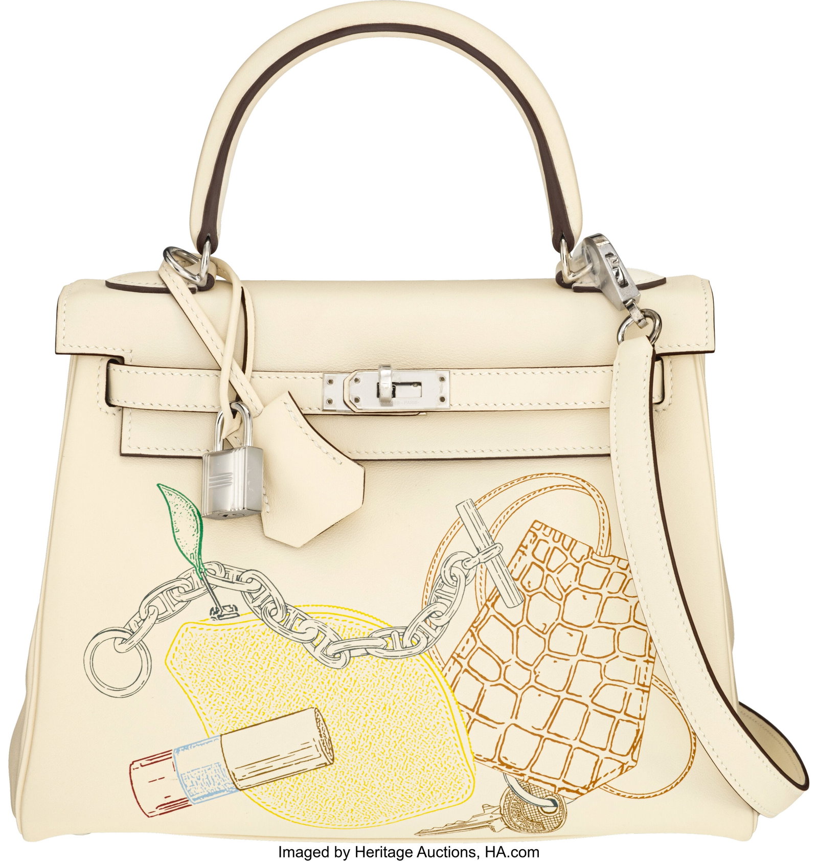 Hermès 25cm Nata Swift Leather In and Out Retou: Hermès 25cm Nata Swift Leather In and Out Retourne Kelly Bag with Palladium Hardware Z, 2021 Condition: 1 9" Width x 7.5" Height x 4" Depth This bag is done in Nata Swift Lea