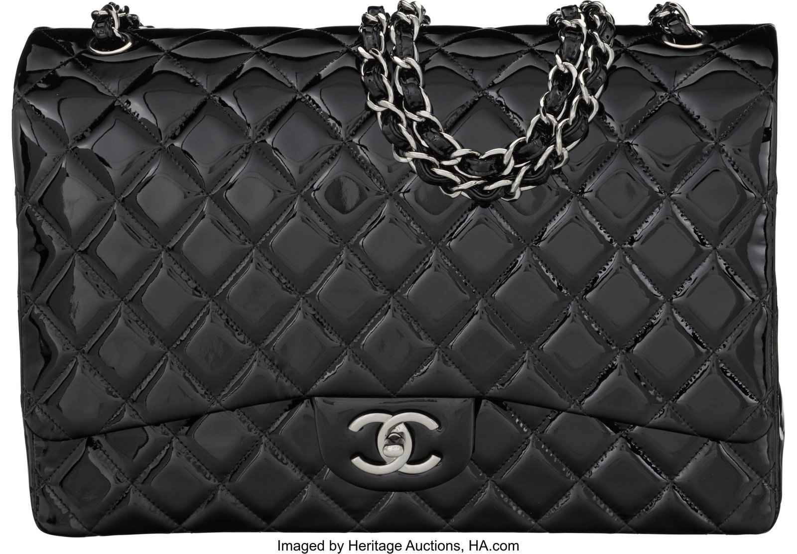 Chanel Black Quilted Patent Leather Maxi Classic: Chanel Black Quilted Patent Leather Maxi Classic Double Flap Bag with Silver Hardware 2014 Condition: 1 13" Width x 9" Height x 4" Depth This bag is done in Black Patent Leather with Silver Hard