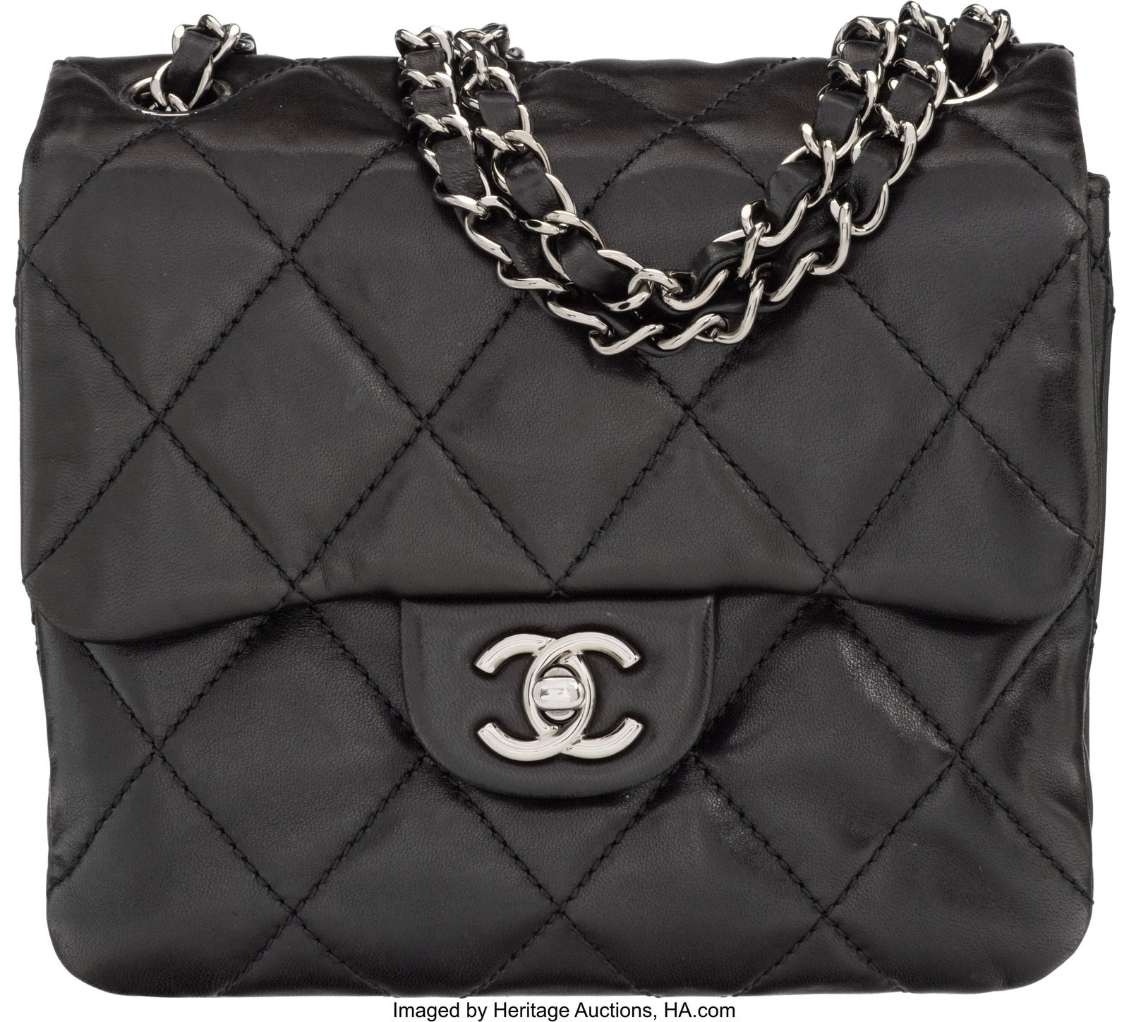 Chanel Black Quilted Lambskin Leather Accordion: Chanel Black Quilted Lambskin Leather Accordion Mini Flap Bag with Silver Hardware 2011 Condition: 2 7.5" Width x 6.5" Height x 2.5" Depth This bag is done in Black Lambskin