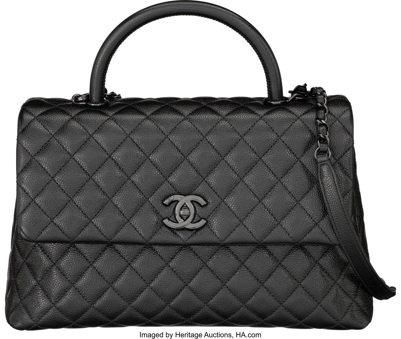 Chanel So Black Quilted Caviar Leather Medium Co: Chanel So Black Quilted Caviar Leather Medium Coco Top Handle Bag with Black Hardware 2020 Condition: 1 12.5" Width x 8" Height x 5" Depth This bag is done in Black Caviar Leather with Bl