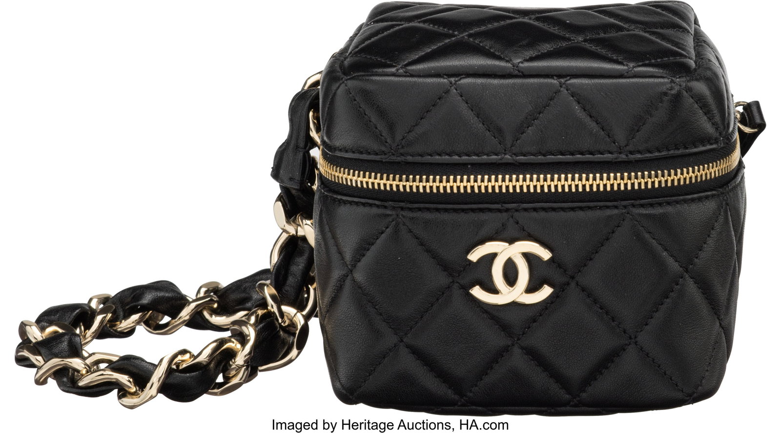 Chanel Black Quilted Lambskin Leather Wristlet C: Chanel Black Quilted Lambskin Leather Wristlet Clutch with Gold Hardware 2021 Condition: 1 4.5" Width x 4.5" Height x 4.5" Depth This bag is done in Black Lambskin Leather w