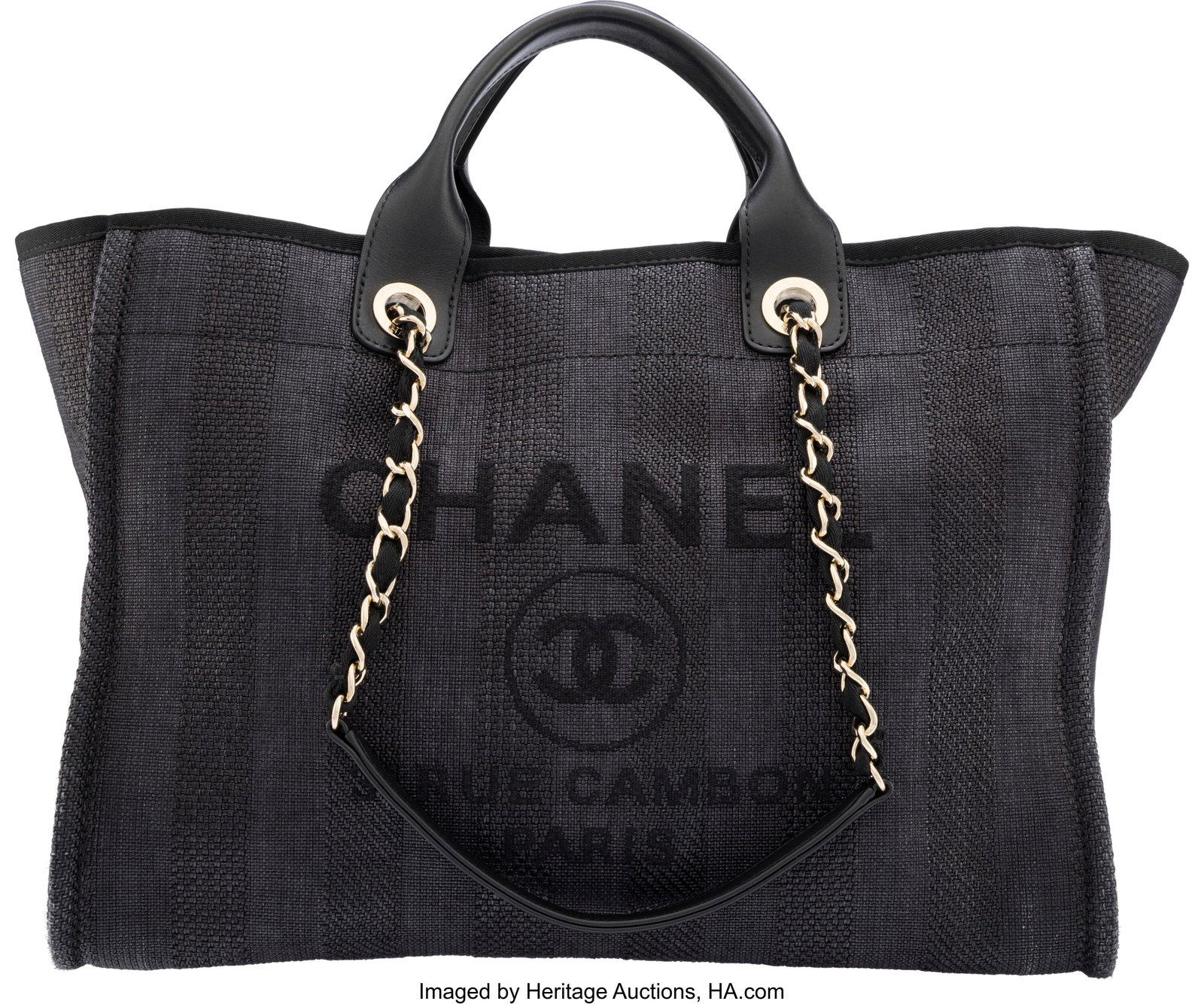 Chanel Black Striped Canvas Medium Deauville Tot: Chanel Black Striped Canvas Medium Deauville Tote with Gold Hardware 2019 Condition: 2 15" Width x 11.5" Height x 8" Depth This bag is done in Black Striped Woven Canvas with Gold Hardwar