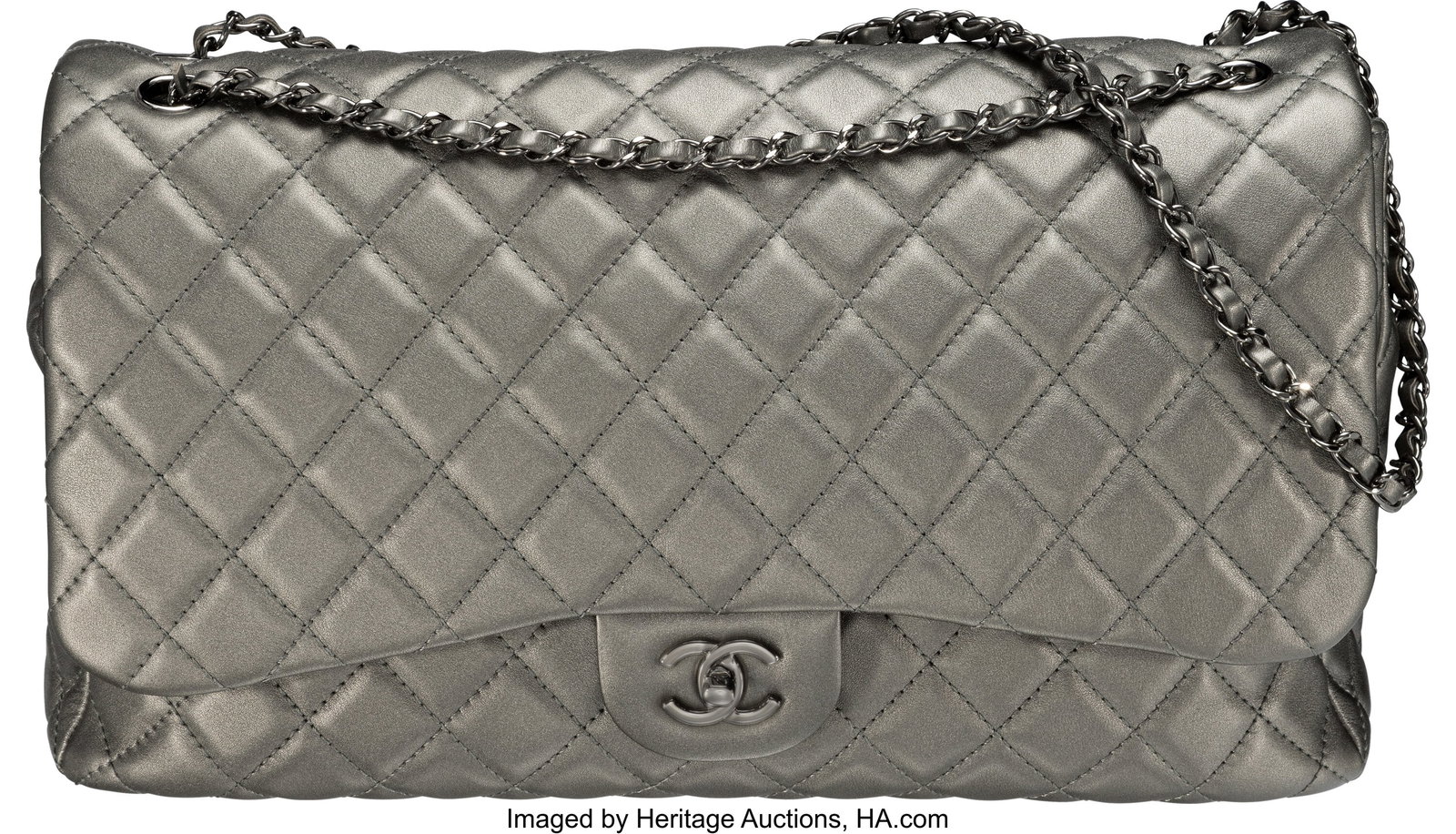 Chanel Metallic Gunmetal Quilted Leather XXL Cla: Chanel Metallic Gunmetal Quilted Leather XXL Classic Flap Bag with Ruthenium Hardware 2019 Condition: 1 15.5" Width x 9" Height x 5" Depth This bag is done in Metallic Gunmetal Leather wi