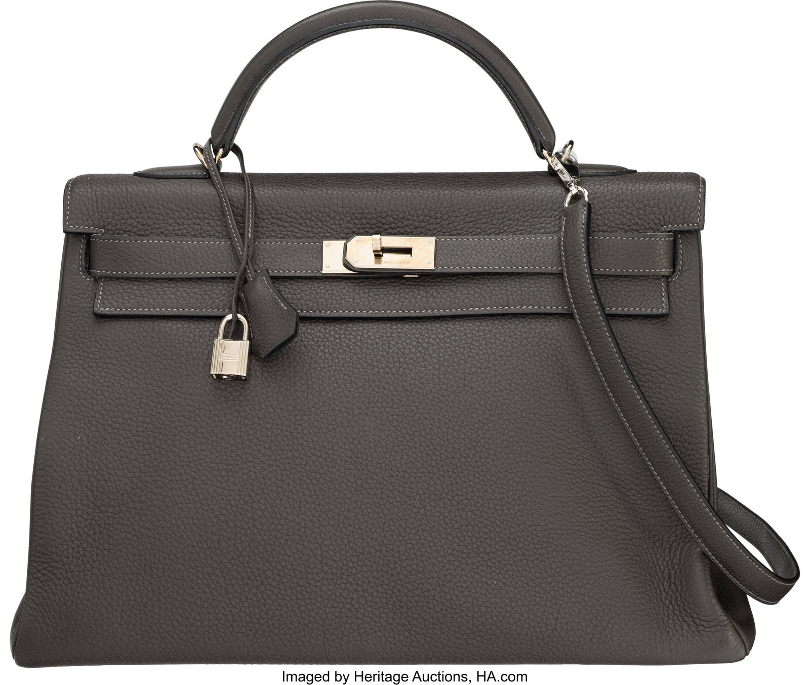 Hermès 40cm Graphite Clemence Leather Kelly Ret: Hermès 40cm Graphite Clemence Leather Kelly Retourne Bag with Palladium Hardware L Square, 2008 Condition: 2 15.5" Width x 10.5" Height x 5" Depth This bag is done in