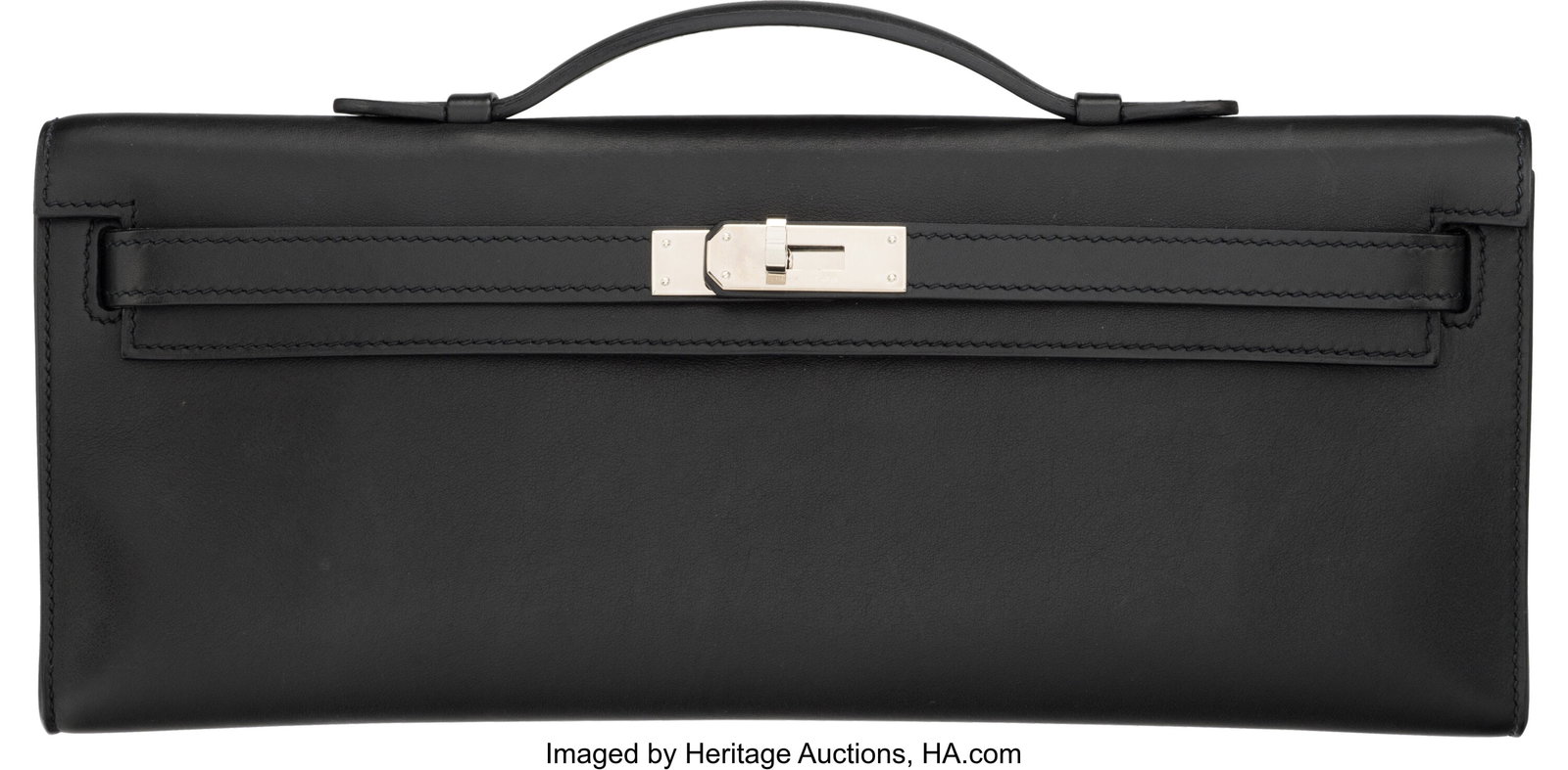 Hermès Black Swift Leather Kelly Cut Clutch wit: Hermès Black Swift Leather Kelly Cut Clutch with Palladium Hardware M Square, 2009 Condition: 2 12.25" Width x 5" Height x 1" Depth This bag is done in Black Swift Leather wi