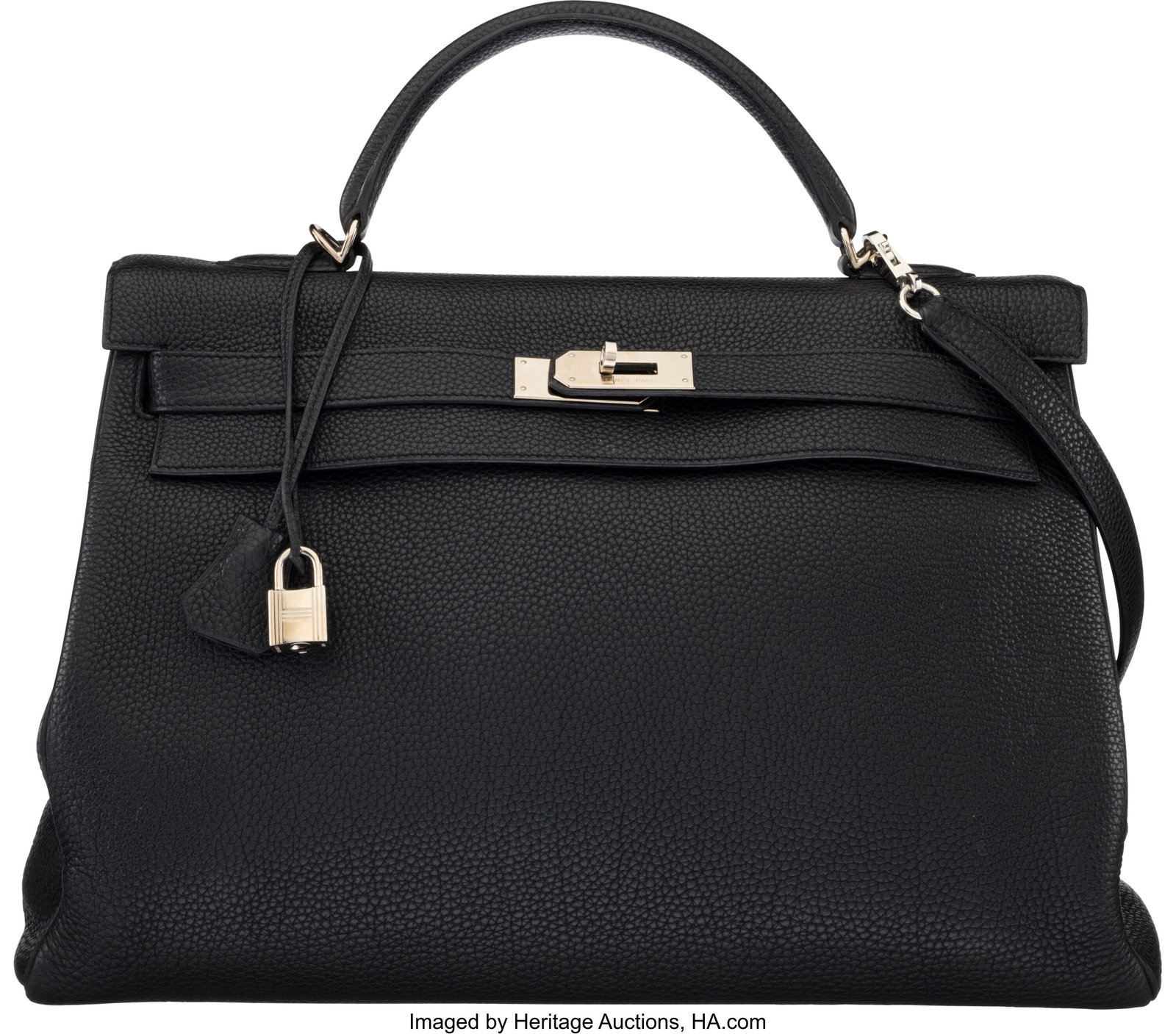 Hermès 40cm Black Togo Leather Kelly Retourne B: Hermès 40cm Black Togo Leather Kelly Retourne Bag with Palladium Hardware K Square, 2007 Condition: 3 15.5" Width x 10.5" Height x 5" Depth This bag is done in Black T