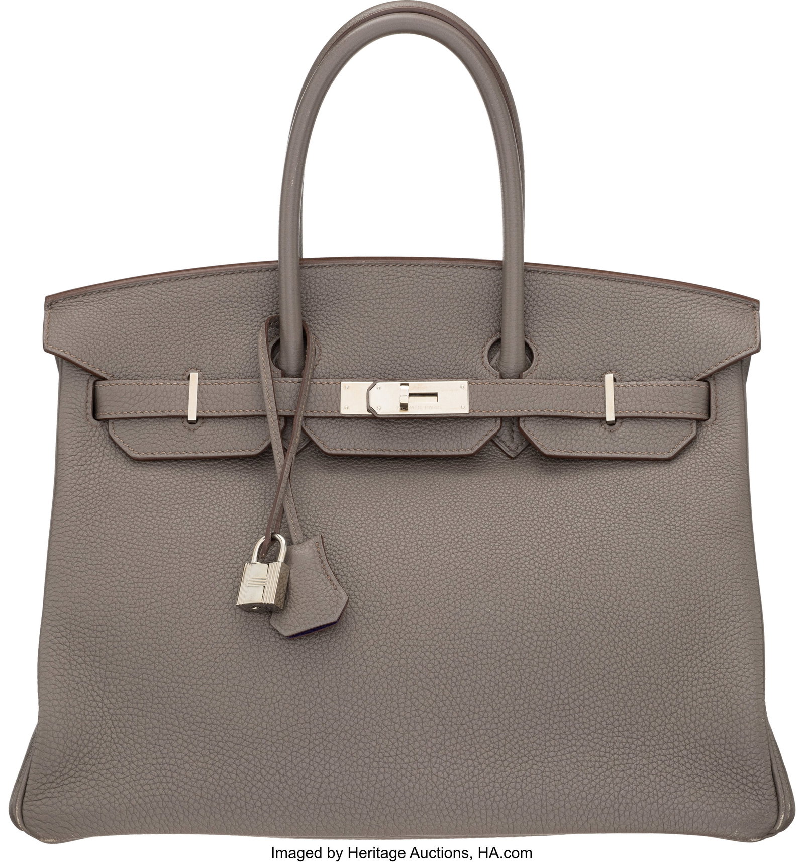 Hermès Special Order Horseshoe 35cm Etain & Iri: Hermès Special Order Horseshoe 35cm Etain & Iris Togo Leather Birkin Bag with Palladium Hardware 2010-2011 Condition: 2 14" Width x 10" Height x 7" Depth This bag is done in Etain Tog