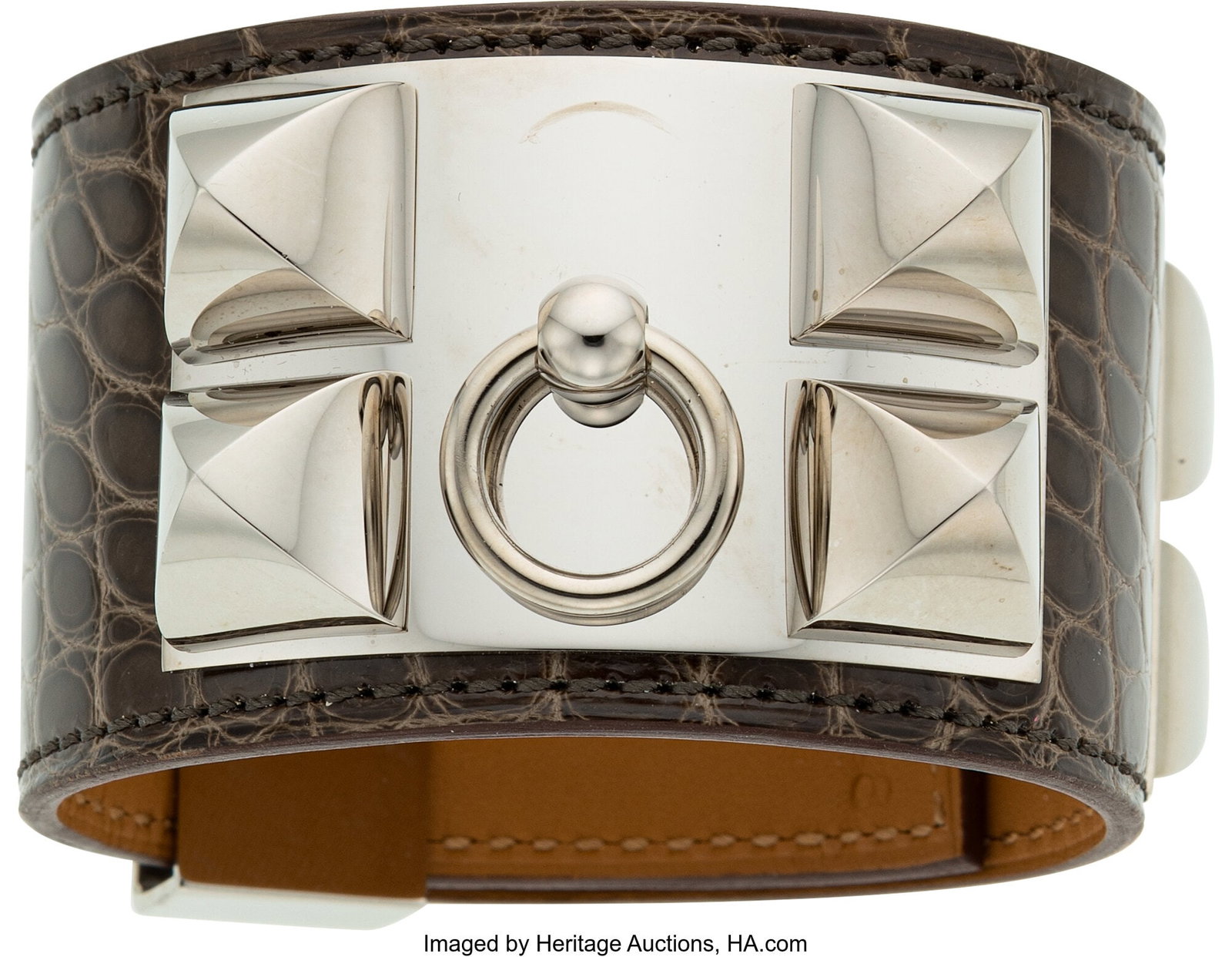 Hermès Shiny Gris Elephant Alligator Collier de: Hermès Shiny Gris Elephant Alligator Collier de Chien Bracelet with Palladium Hardware M Square, 2009 Condition: 3 6.75" Inner Circumference, 1.5" Width This bra