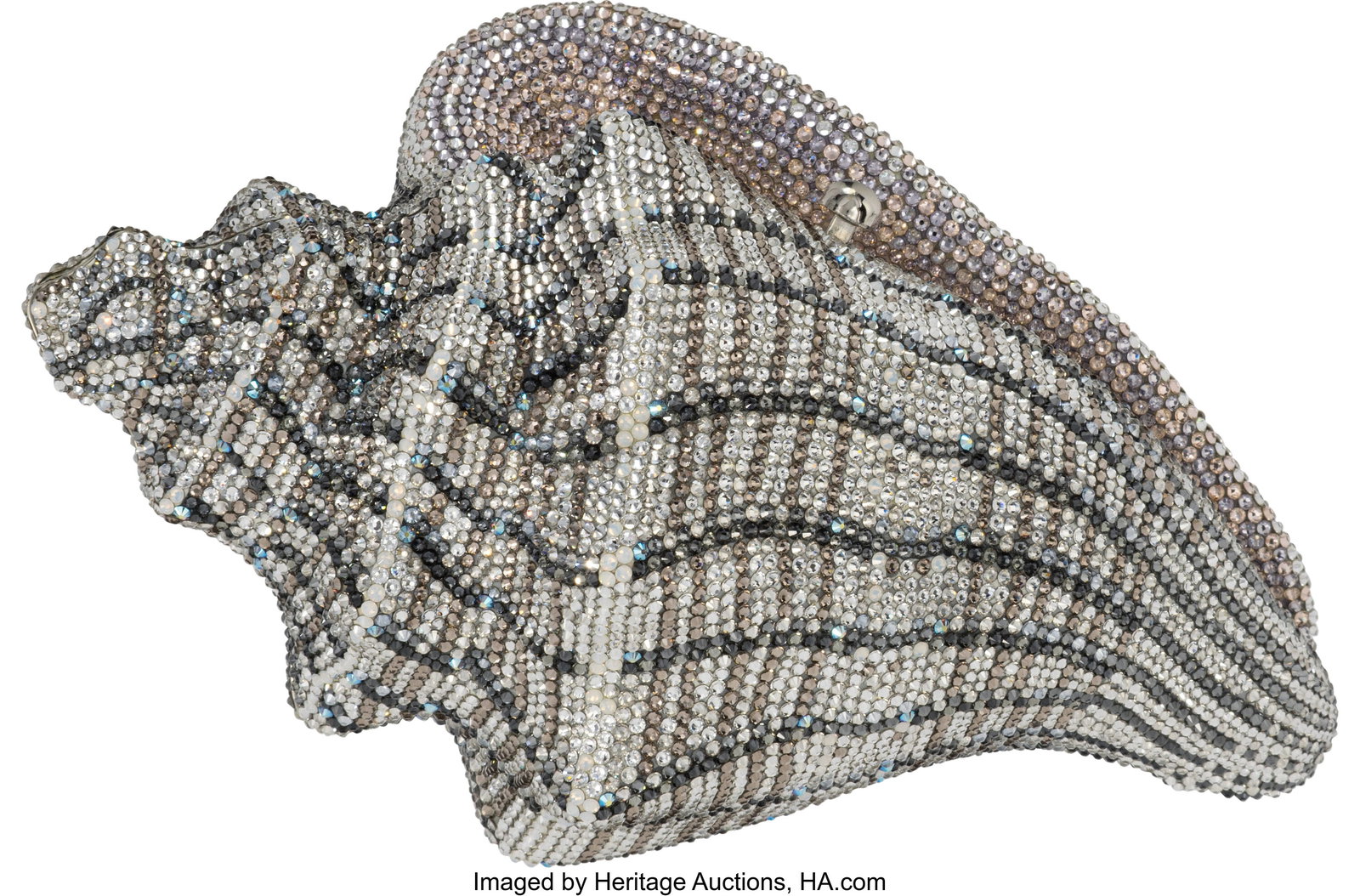 Judith Leiber Silver, Blush, and Gray Conch Shel: Judith Leiber Silver, Blush, and Gray Conch Shell Minaudière with Silver Hardware Condition: 2 9" Width x 4" Height x 5" Depth This minaudière is done in Silver,