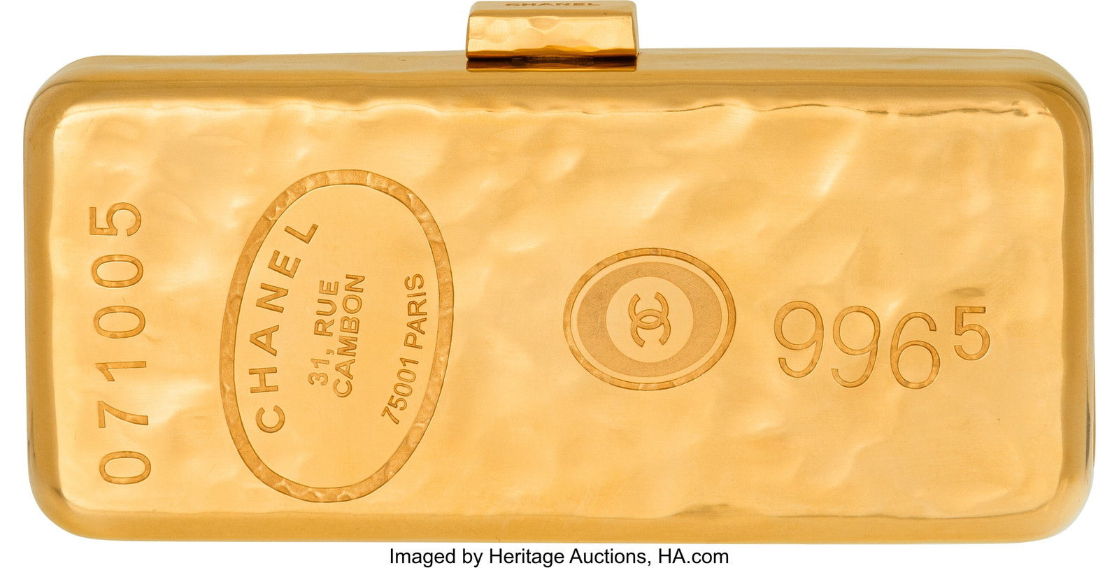 Chanel Hammered Gold Bullion Bar Minaudière Spr: Chanel Hammered Gold Bullion Bar Minaudière Spring 2006 Condition: 2 6" Width x 2.5" Height x 1.5" Depth This bag is done in Hammered Gold Metal, featuring a pushlock