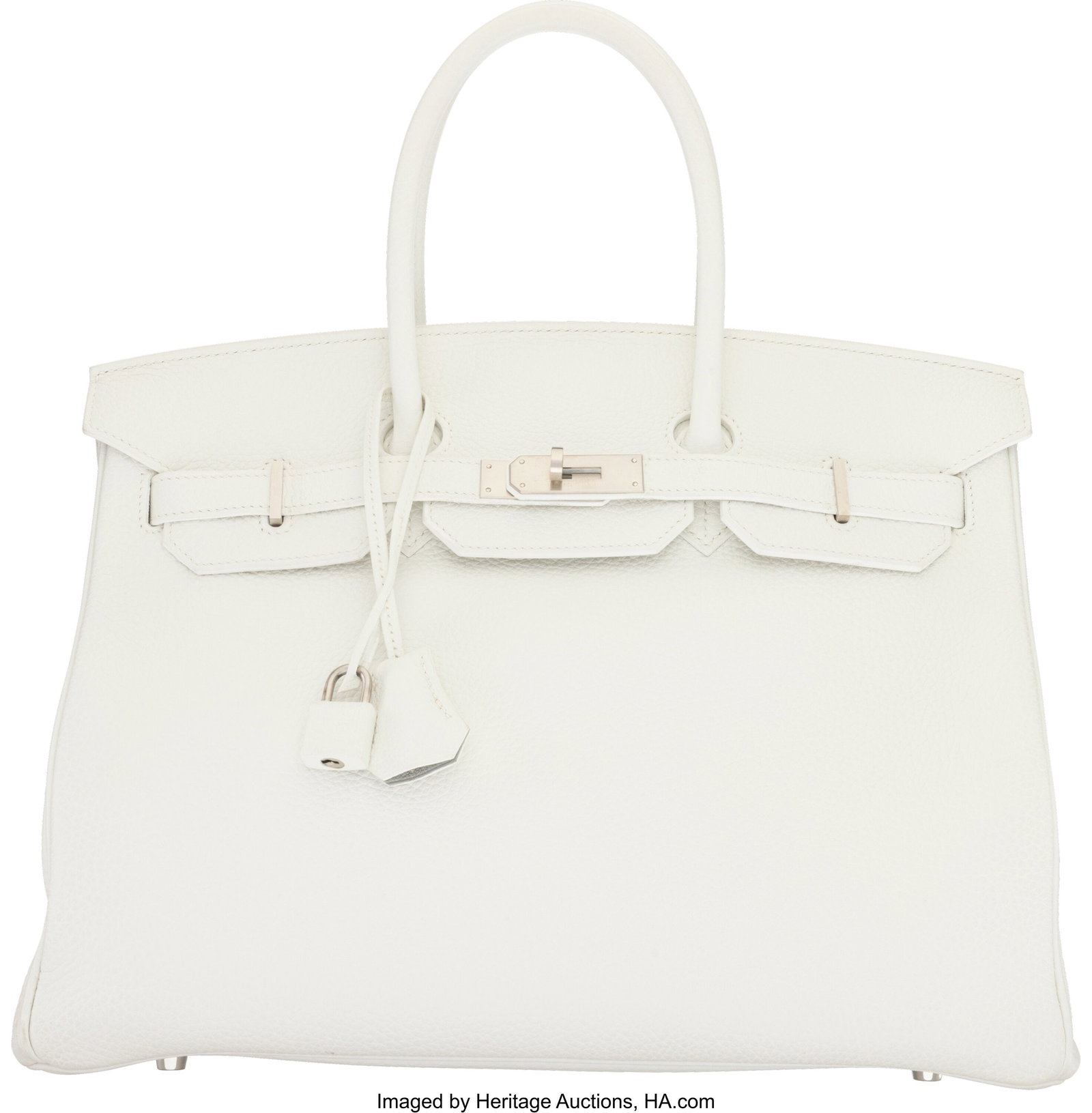 Hermès Special Order Horseshoe 35cm White & Gri: Hermès Special Order Horseshoe 35cm White & Gris Pale Clemence Leather Birkin Bag with Brushed Palladium Hardware D, 2019 Condition: 2 13.75" Width x 10" Height x 7" Dept