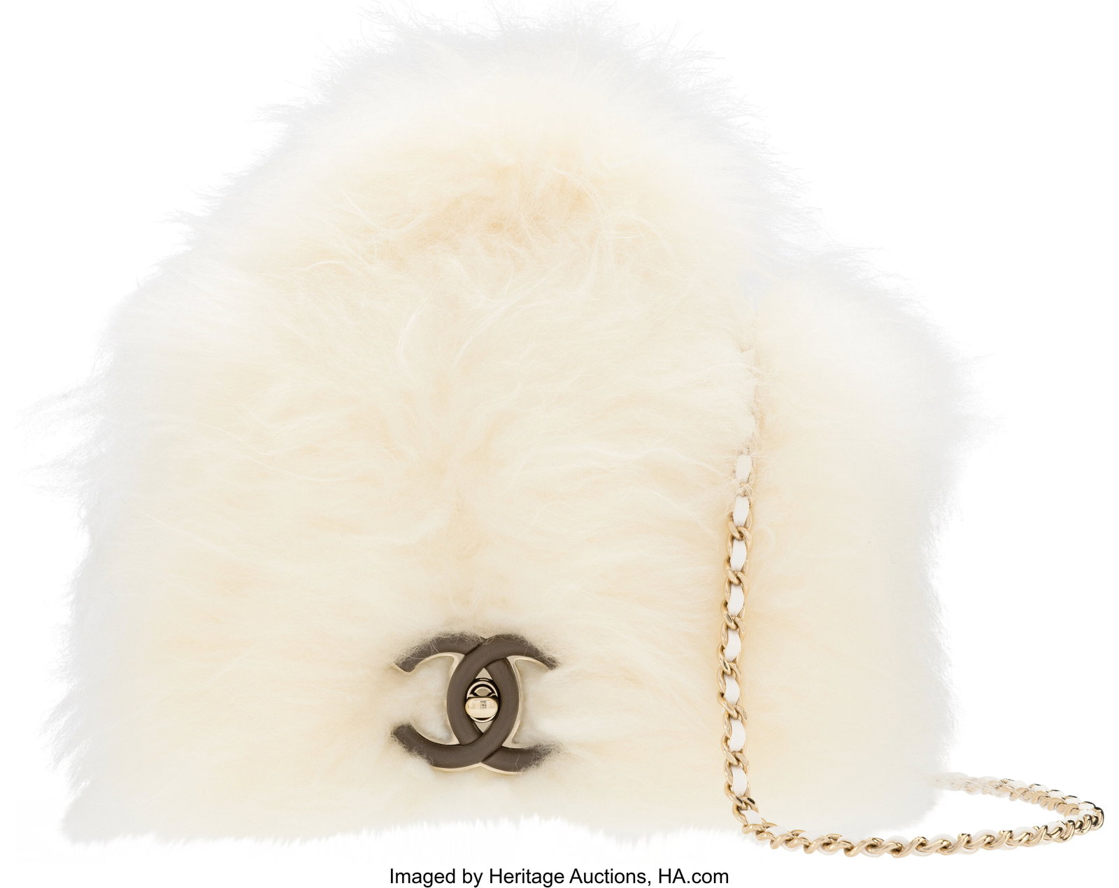 Chanel Paris-Hamburg White Shearling & Calfskin: Chanel Paris-Hamburg White Shearling & Calfskin Leather Flap Bag with Light Gold Hardware Pre-Fall 2018 Condition: 2 7" Width x 5" Height x 3" Depth This bag is done in White Shearling and W