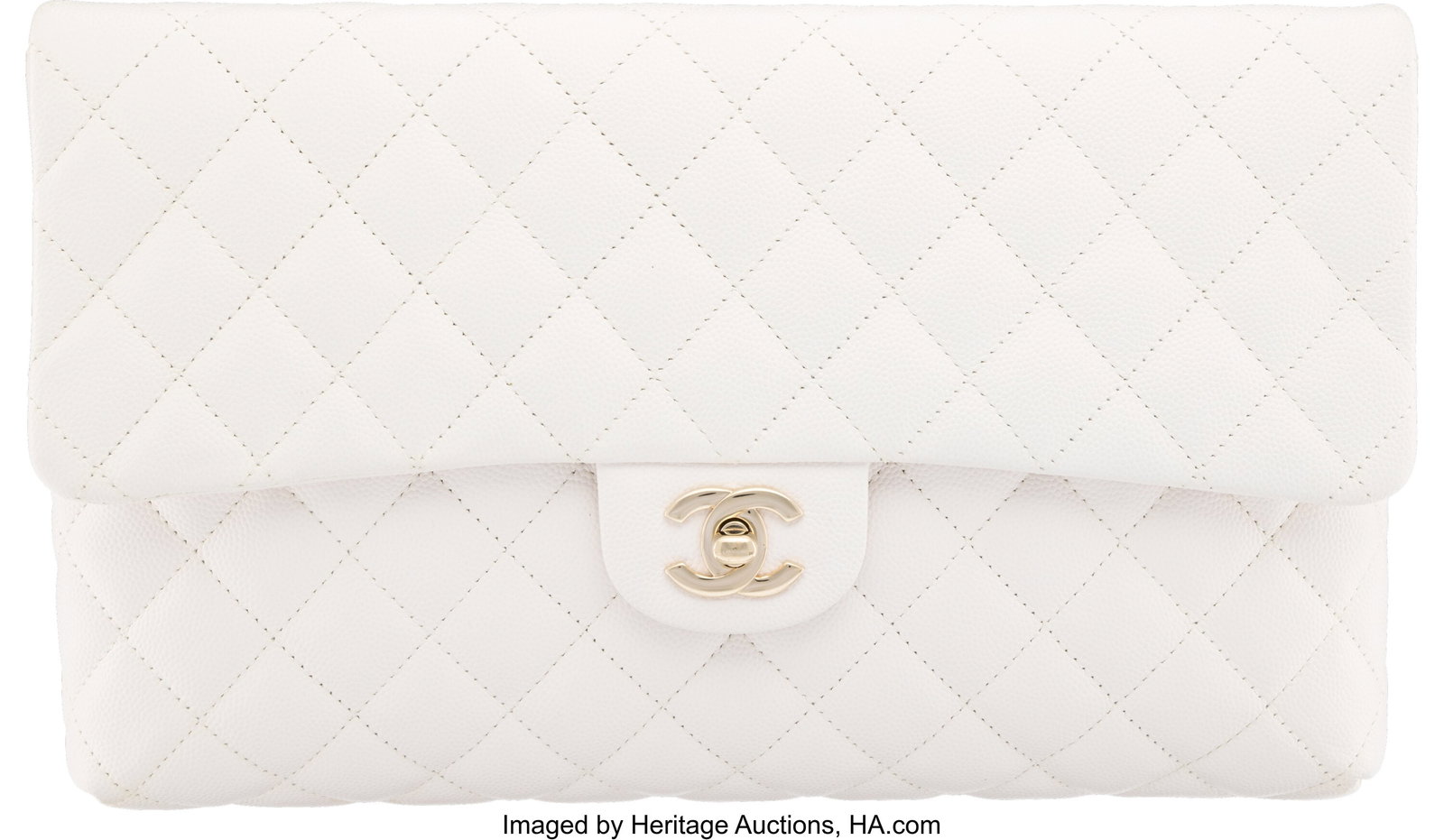 Chanel White Quilted Caviar Leather Flap Clutch: Chanel White Quilted Caviar Leather Flap Clutch with light Gold Hardware 2019 Condition: 2 11.25" Width x 7" Height x 1" Depth This bag is done in White Caviar Leather with Light Gold Har