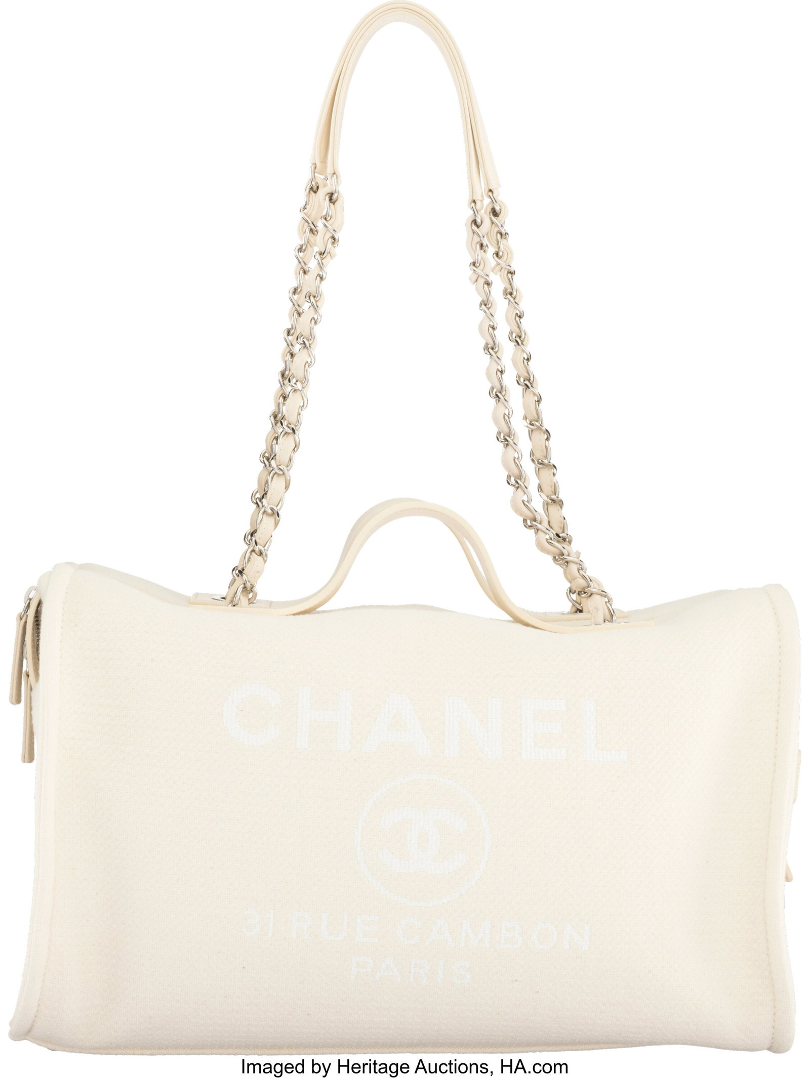 Chanel Ivory Tweed Maxi Deauville Bowling Bag Pe: Chanel Ivory Tweed Maxi Deauville Bowling Bag Pet Carrier with Silver Hardware Condition: 1 15.5" Width x 10" Height x 6" Depth This bag is done in Ivory Tweed with Silver Hardware,