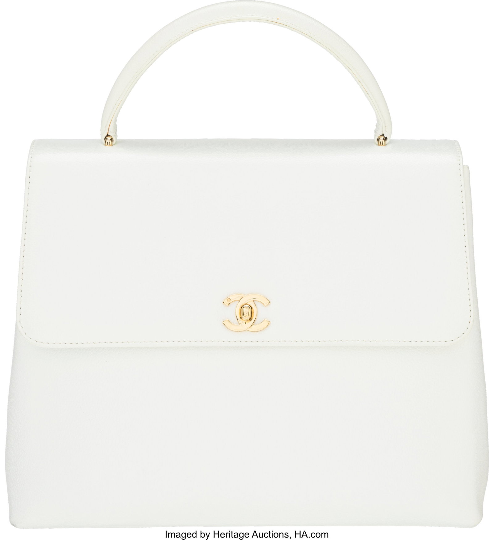 Chanel Vintage White Caviar Leather Large Kelly: Chanel Vintage White Caviar Leather Large Kelly Handle Bag with Gold Hardware 1997-1999 Condition: 2 11.5" Width x 9.5" Height x 4.5" Depth This bag is done in White Caviar