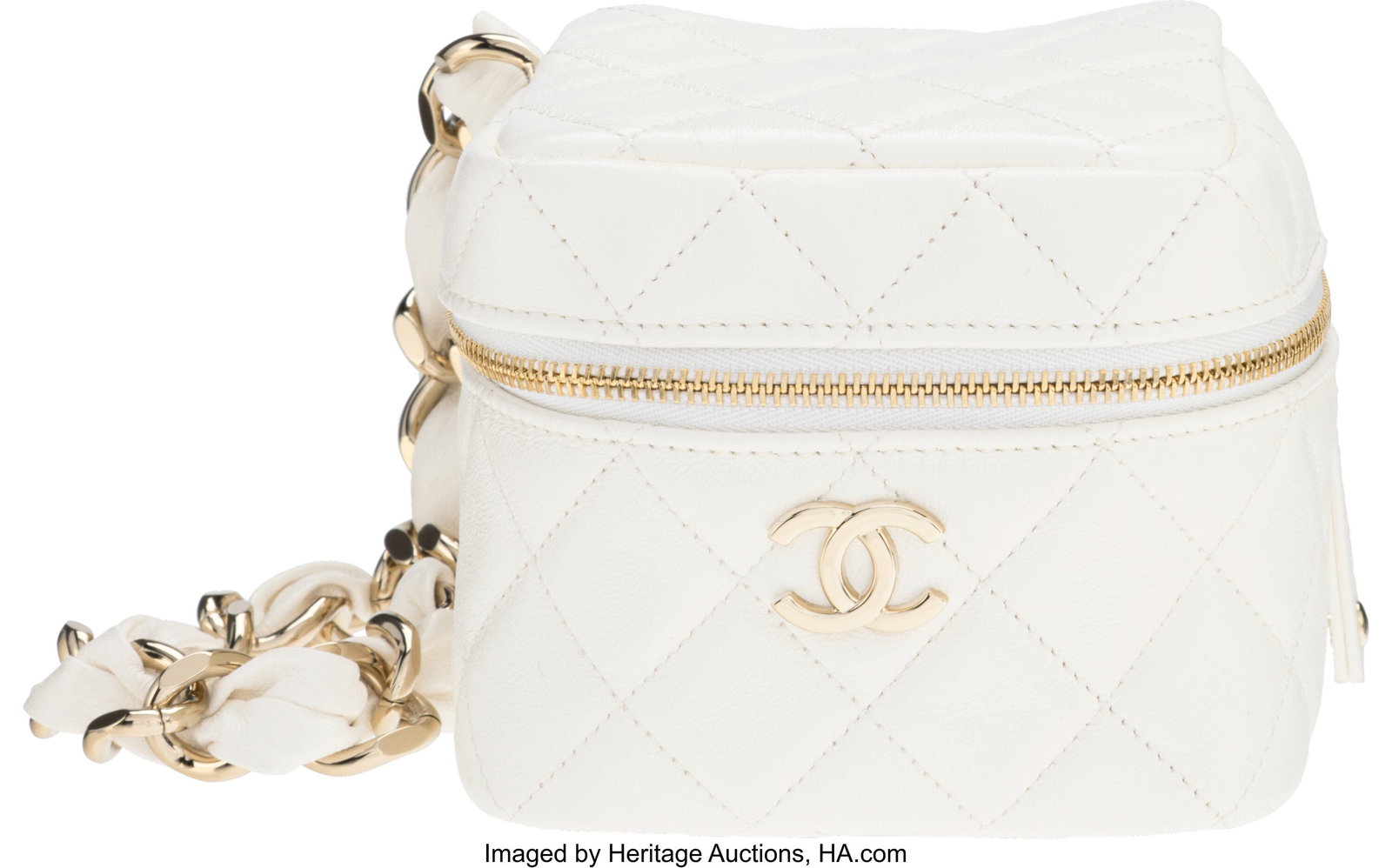 Chanel White Quilted Leather Wristlet Clutch wit: Chanel White Quilted Leather Wristlet Clutch with Gold Hardware 2021 Condition: 1 4.5" Width x 4.5" Height x 4.5" Depth This clutch is done in White Leather with Gold Hardwa