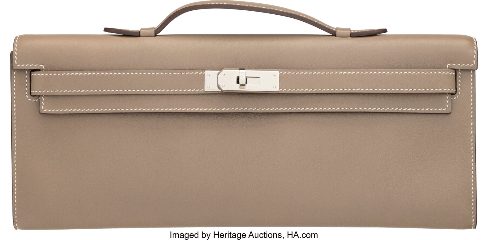 Hermès Etoupe Swift Leather Kelly Cut Clutch wi: Hermès Etoupe Swift Leather Kelly Cut Clutch with Palladium Hardware L Square, 2008 Condition: 2 12.25" Width x 5" Height x 1" Depth This bag is done in Etoupe Swift Leather