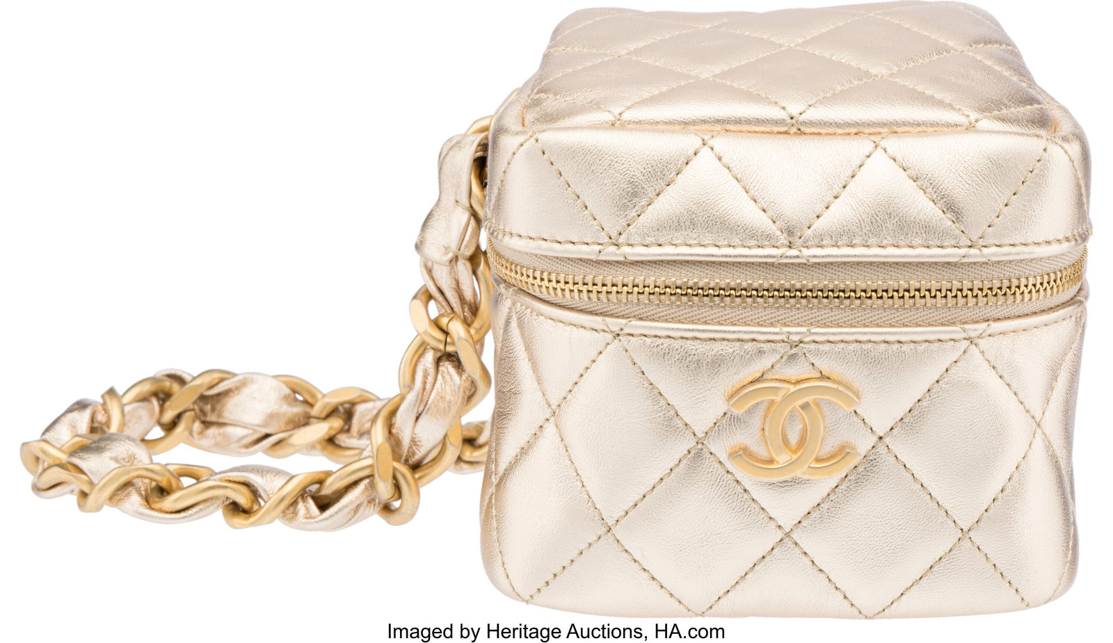 Chanel Gold Metallic Quilted Leather Cube Chain: Chanel Gold Metallic Quilted Leather Cube Chain Wristlet Case with Brushed Gold Hardware 2021 Condition: 1 4.5" Width x 4" Height x 4.5" Depth This bag is done in Gold Metallic Lea