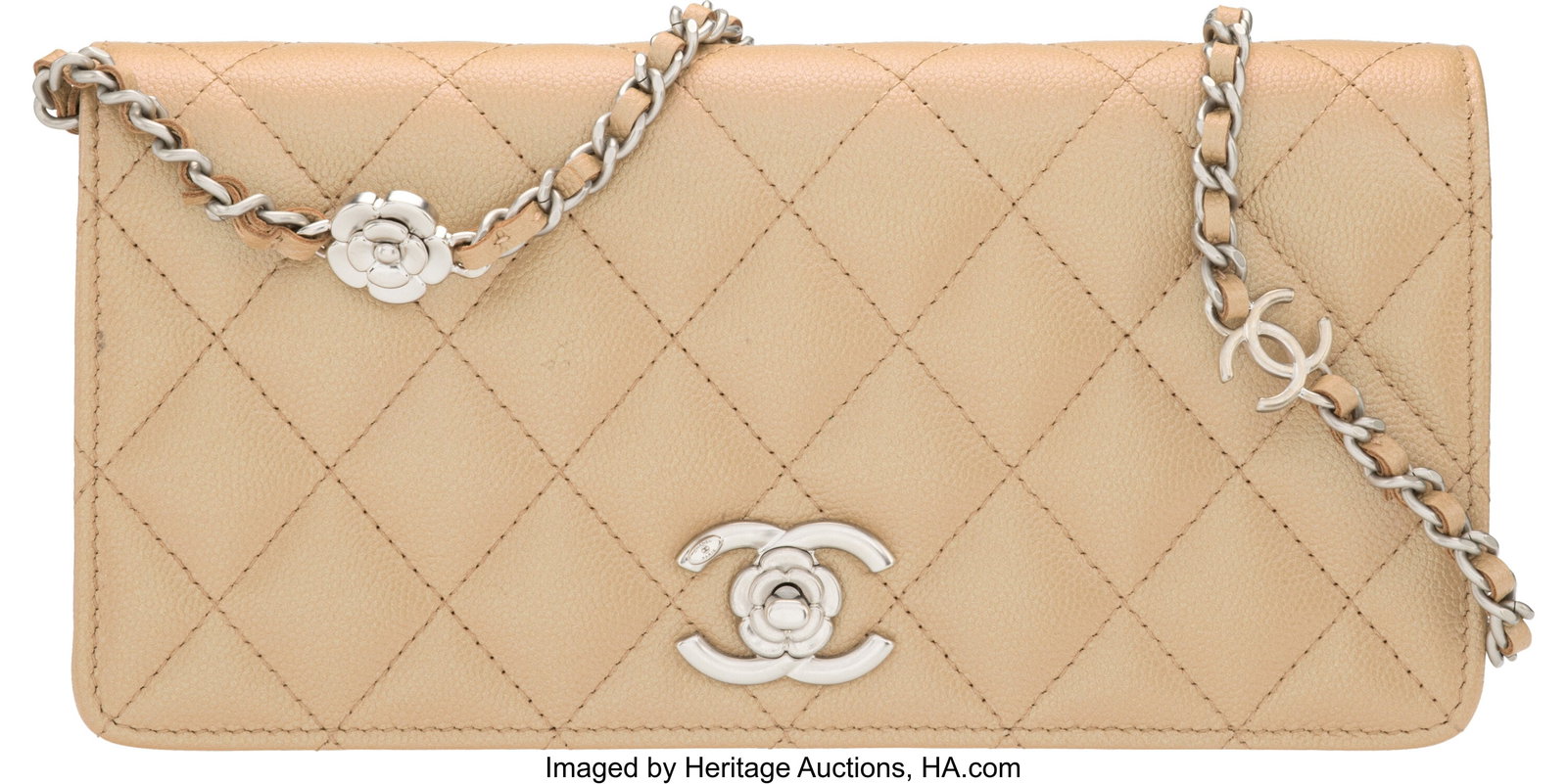 Chanel Metallic Beige Quilted Caviar Leather Fla: Chanel Metallic Beige Quilted Caviar Leather Flap Clutch On Chain with Brushed Silver Hardware 2023 Condition: 1 8.75" Width x 4.5" Height x 2.5" Depth This bag is done in m
