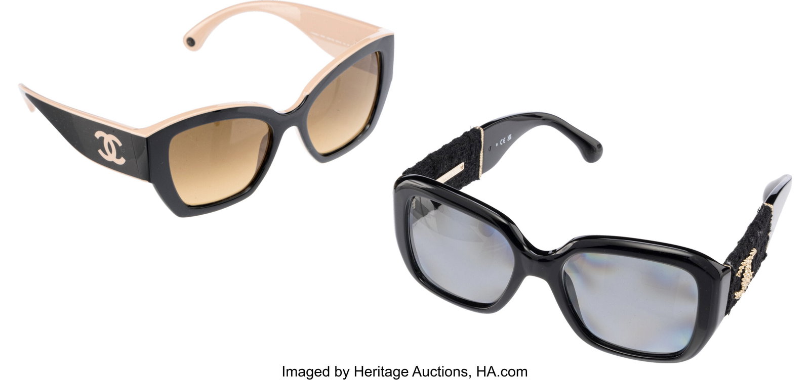 Chanel Set of Two: Sunglasses See Extended Cond: Chanel Set of Two: Sunglasses See Extended Condition Report for Details. This set includes: Chanel Black & Gold CC Tweed Sunglasses (Condition: 2) Chanel Black &