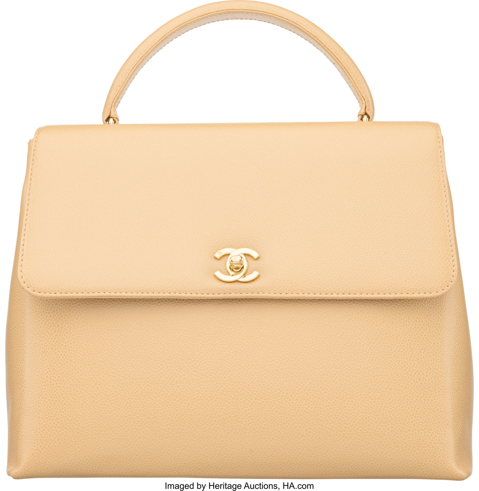 Chanel Vintage Beige Caviar Leather Large Kelly: Chanel Vintage Beige Caviar Leather Large Kelly Top Handle Bag with Gold Hardware 1997-1999 Condition: 2 11.5" Width x 9.5" Height x 5" Depth This bag is done in Beige Caviar Leath