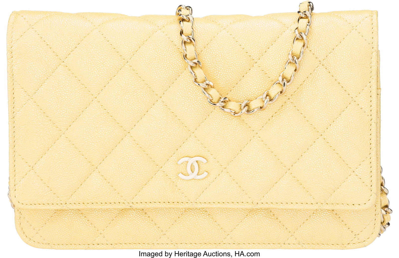 Chanel Iridescent Yellow Quilted Caviar Leather: Chanel Iridescent Yellow Quilted Caviar Leather Wallet On Chain with Gold Hardware 2019 Condition: 1 7.5" Width x 5" Height x 1.5" Depth This bag is done in Iridescent Yellow Cavia