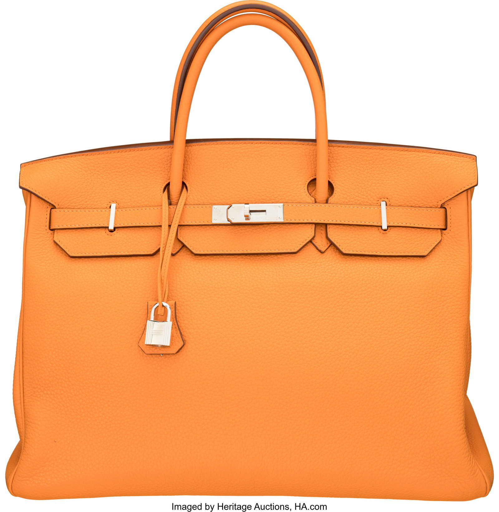 Hermès 40cm Orange Clemence Leather Birkin Bag: Hermès 40cm Orange Clemence Leather Birkin Bag with Palladium Hardware M Square, 2009 Condition: 2 15.5" Width x 10" Height x 8" Depth This bag is done in Orange Clemence Lea