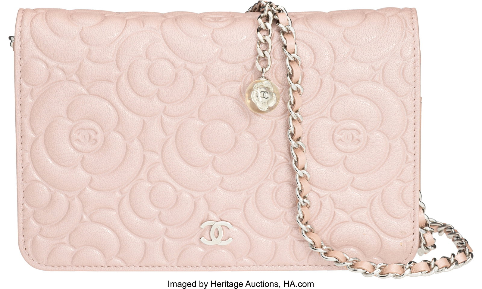 Chanel Metallic Pink Camellia Embossed Leather W: Chanel Metallic Pink Camellia Embossed Leather Wallet On Chain with Silver Hardware 2019 Condition: 1 7.5" Width x 5" Height x 1.5" Depth This bag is done in Metallic Pink Embossed