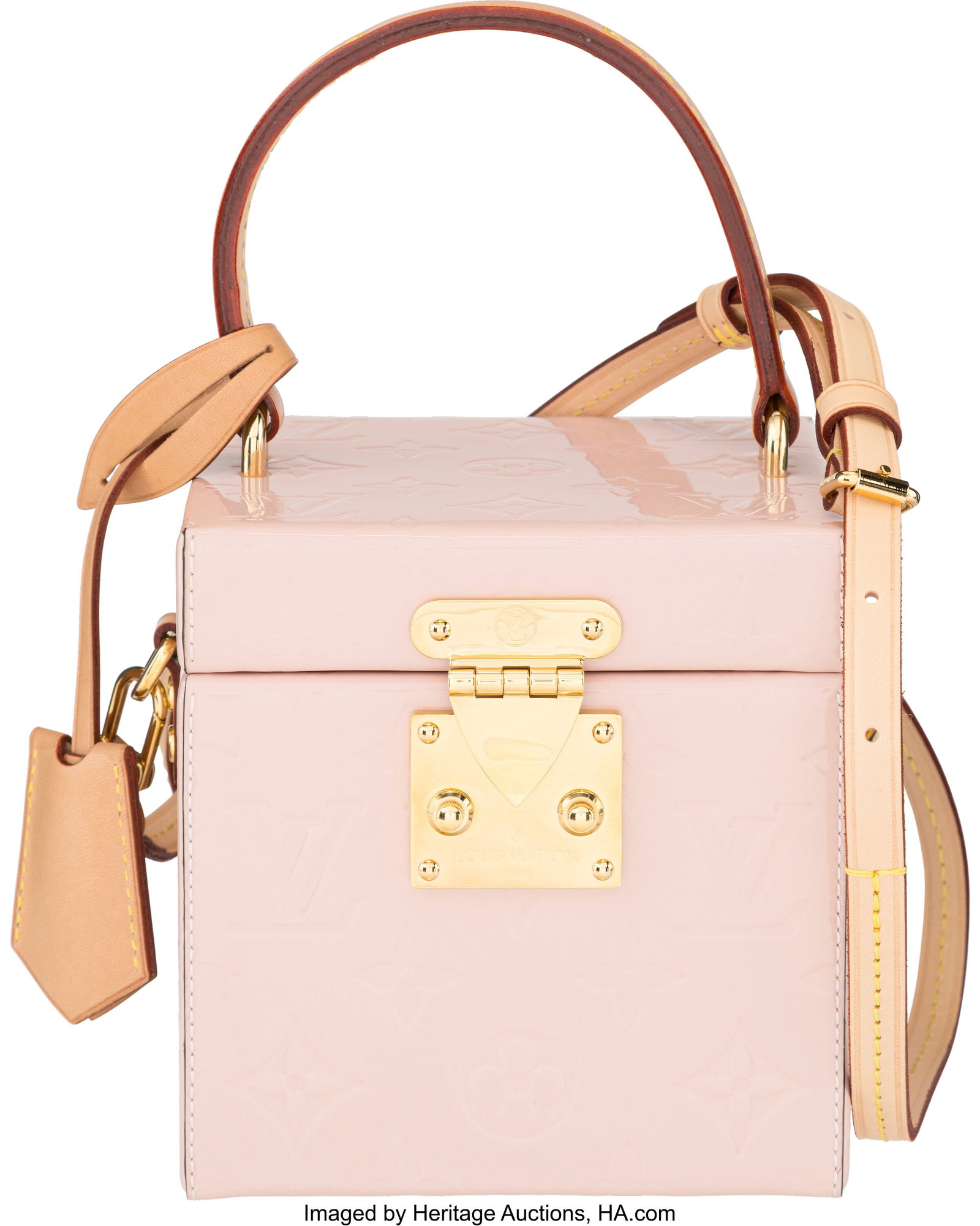 Louis Vuitton Rose Ballerine Monogram Vernis Lea: Louis Vuitton Rose Ballerine Monogram Vernis Leather Bleecker Box Bag with Gold Hardware 2019 Condition: 1 5" Width x 5" Height x 5" Depth This bag is done in Rose Ballerine Monogram Vernis Leat