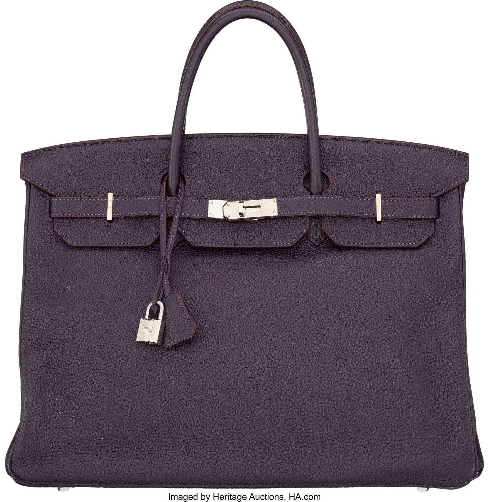 Hermès 40cm Raisin Clemence Leather Birkin Bag: Hermès 40cm Raisin Clemence Leather Birkin Bag with Palladium Hardware L Square, 2008 Condition: 3 15.5" Width x 10" Height x 8" Depth This bag is done in Raisin Clemence Lea
