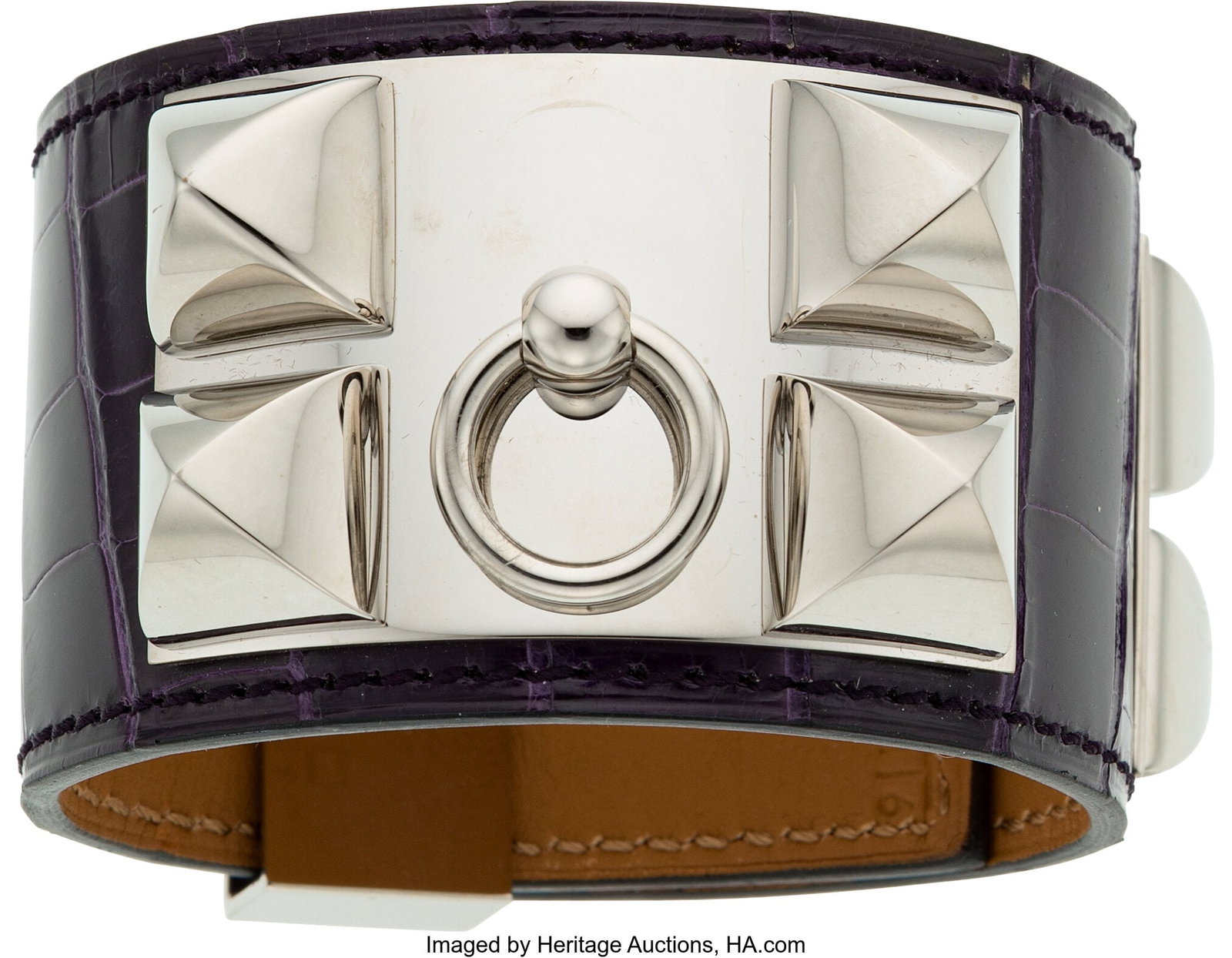 Hermès Shiny Amethyst Alligator Collier de Chie: Hermès Shiny Amethyst Alligator Collier de Chien Bracelet with Palladium Hardware M Square, 2009 Condition: 2 7" Inner Circumference x 1.5" Width This bracelet is done in Shi