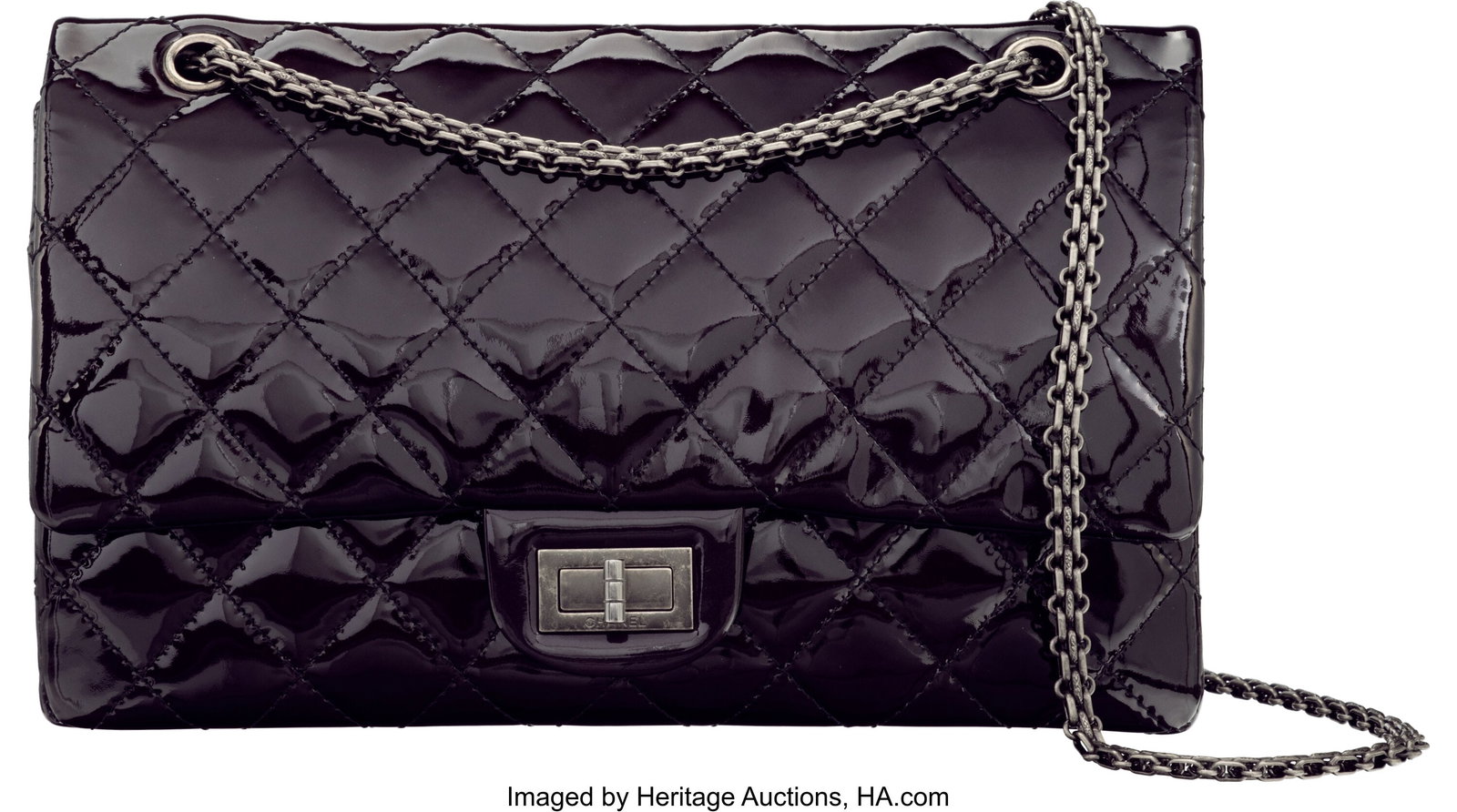 Chanel Dark Purple Quilted Patent Leather Large: Chanel Dark Purple Quilted Patent Leather Large 227 Reissue Double Flap Bag with Aged Ruthenium Hardware 2010-2011 Condition: 2 12.25" Width x 7.5" Height x 4" Depth This bag is do