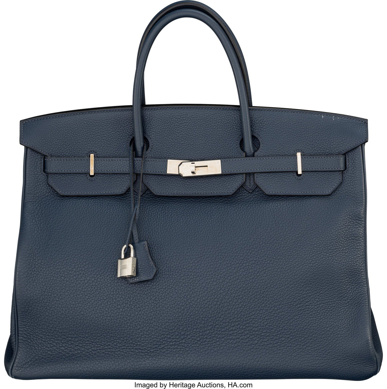 Hermès 40cm Bleu De Prusse Clemence Leather Bir: Hermès 40cm Bleu De Prusse Clemence Leather Birkin Bag with Palladium Hardware L Square, 2008 Condition: 3 15.5" Width x 10" Height x 8" Depth This bag is done in Bleu De Pru