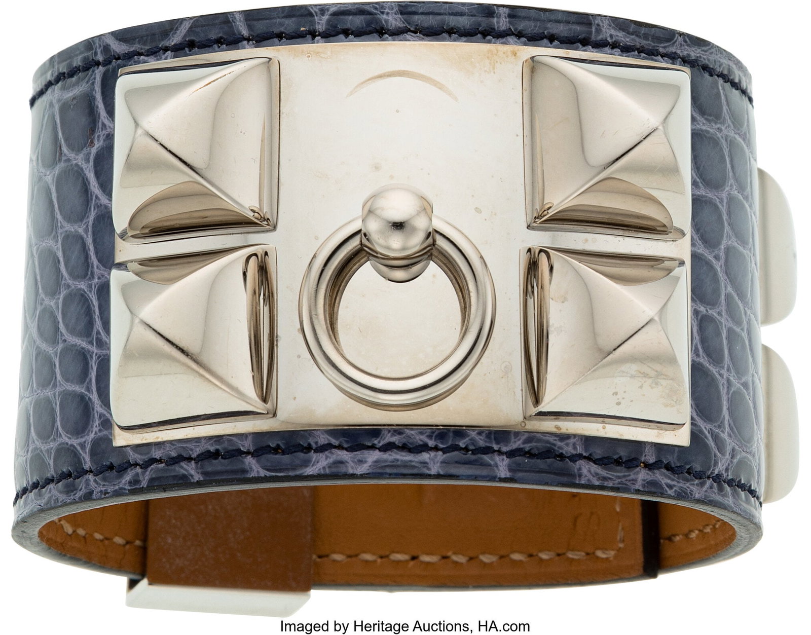 Hermès Shiny Bleu Brighton Alligator Collier de: Hermès Shiny Bleu Brighton Alligator Collier de Chien Bracelet with Palladium Hardware M Square, 2009 Condition: 3 6.75" Inner Circumference x 1.5" Width This bracelet