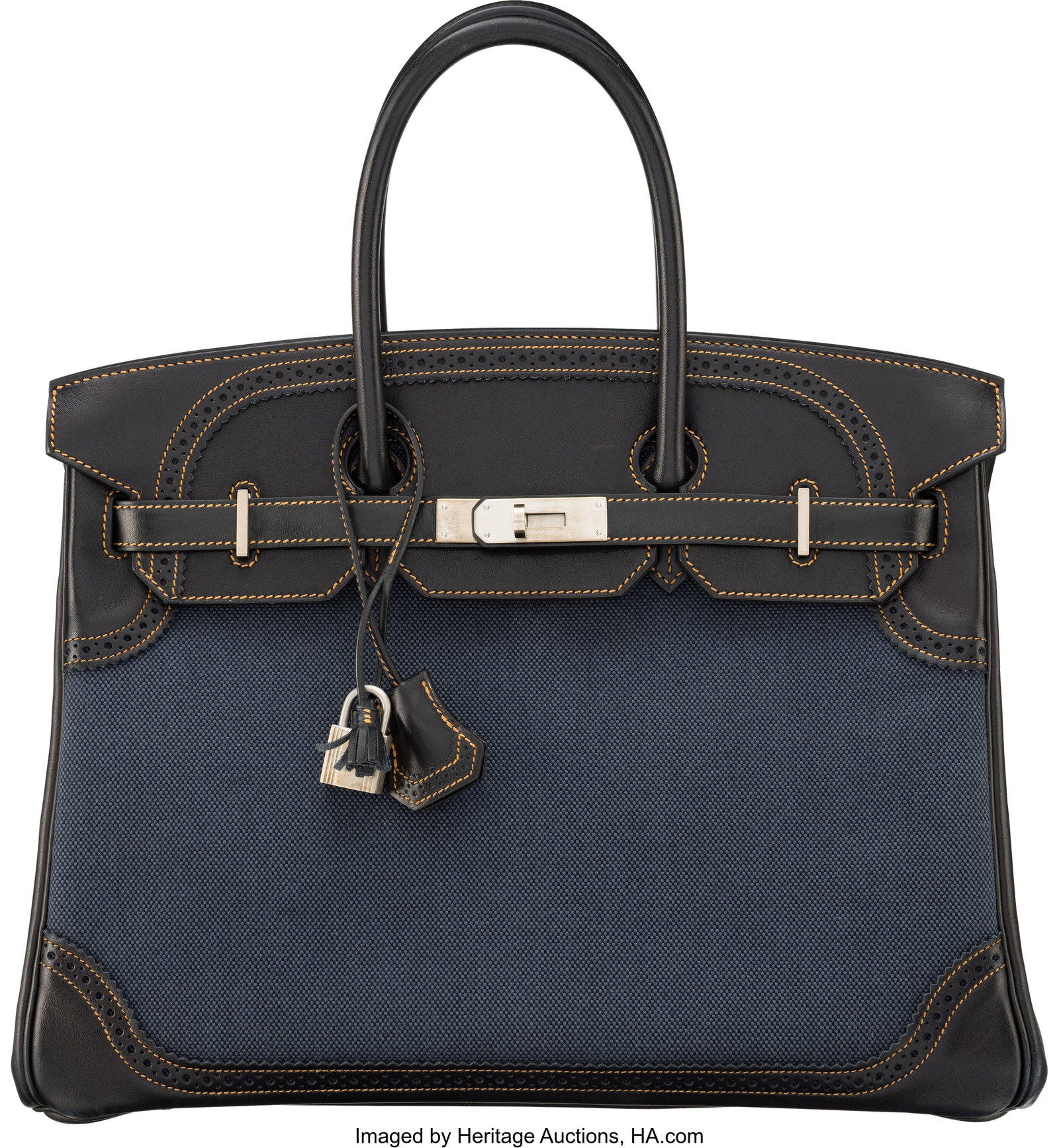 Hermès Limited Edition 35cm Black Evercalf Leat: Hermès Limited Edition 35cm Black Evercalf Leather and Denim Toile Ghillies Birkin Bag with Brushed Palladium Hardware P Square, 2012 Condition: 3 14" Width x 10" Height x 7" Depth